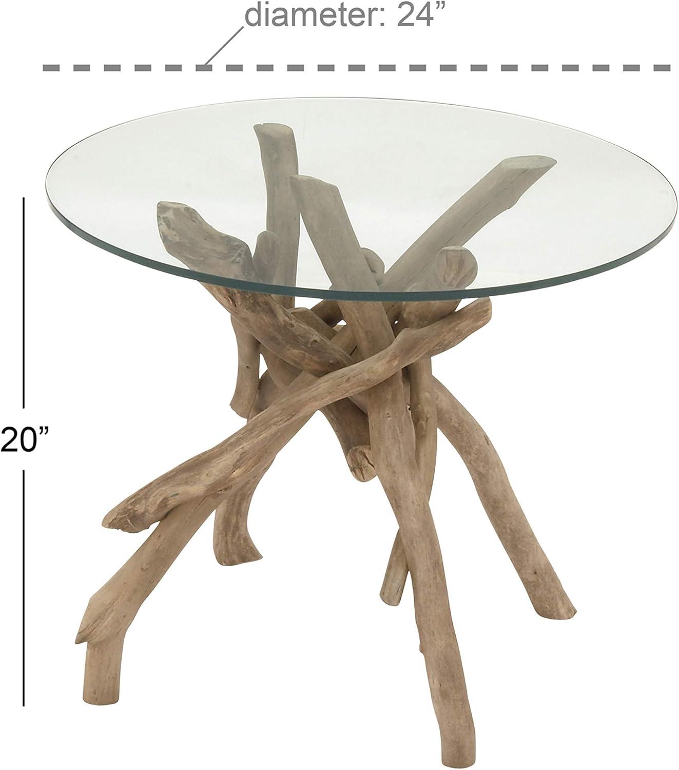 Log and Glass Round Accent Table Tan - Olivia & May: Handmade, No Assembly, Indoor Use