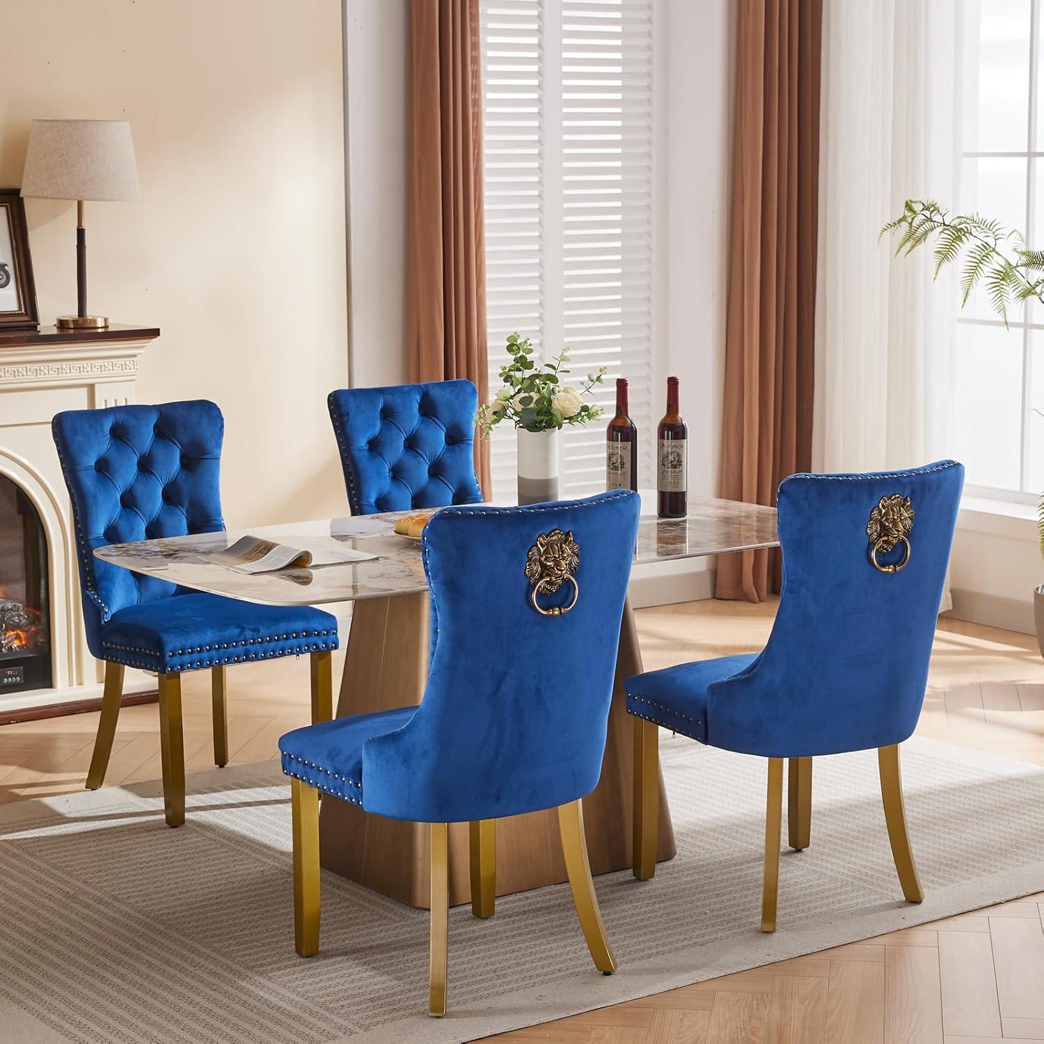 ODUSE-DAILY Velvet Dining Chairs Set of 4, Navy Kitchen & Dining Room Chairs, Tufted Dining Chairs, Fabric Upholstered, Solid Wood, Sillas De Comedor (Blue, 4 Pcs)