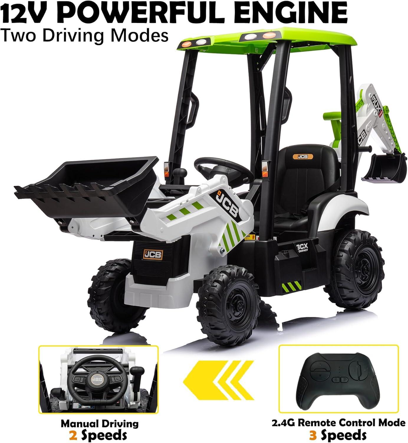 EastVita 4 in 1 Ride on Tractor, Excavator & Bulldozer with Tent,12V Ride on Car Digger Electric Vehicle with Remote Control, Front Loader, Horn, EVA Tires, Kids Ride on Car Toy