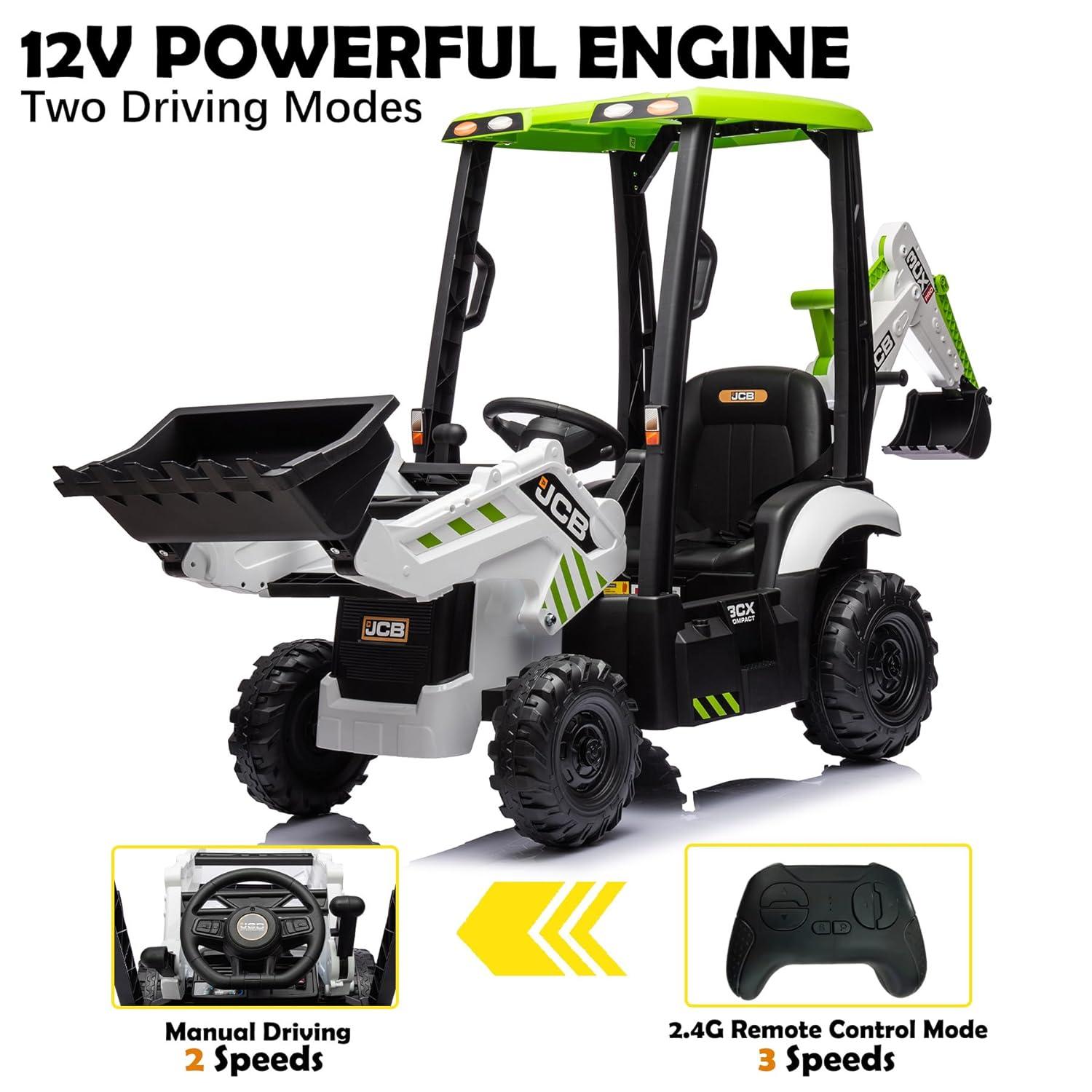 EastVita 4 in 1 Ride on Tractor, Excavator & Bulldozer with Tent,12V Ride on Car Digger Electric Vehicle with Remote Control, Front Loader, Horn, EVA Tires, Kids Ride on Car Toy