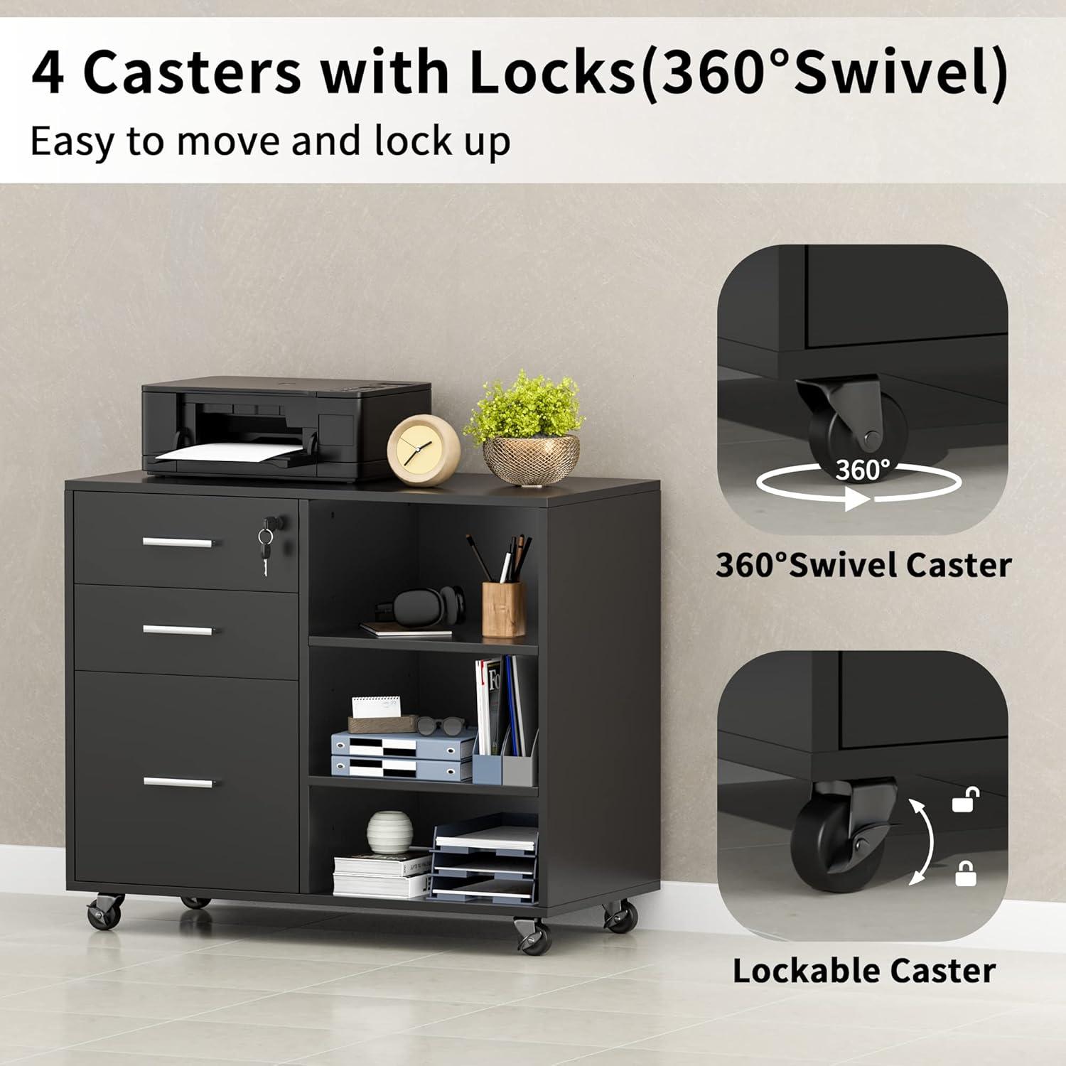 Black Wood Office Filing Cabinet with Adjustable Shelves and Lock