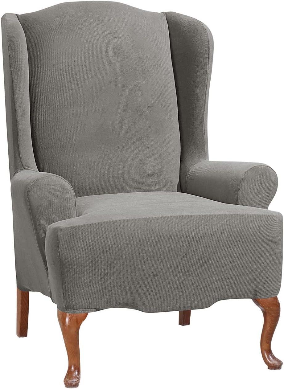 Elastic Stretch Gray T-Cushion Wingback Chair Slipcover