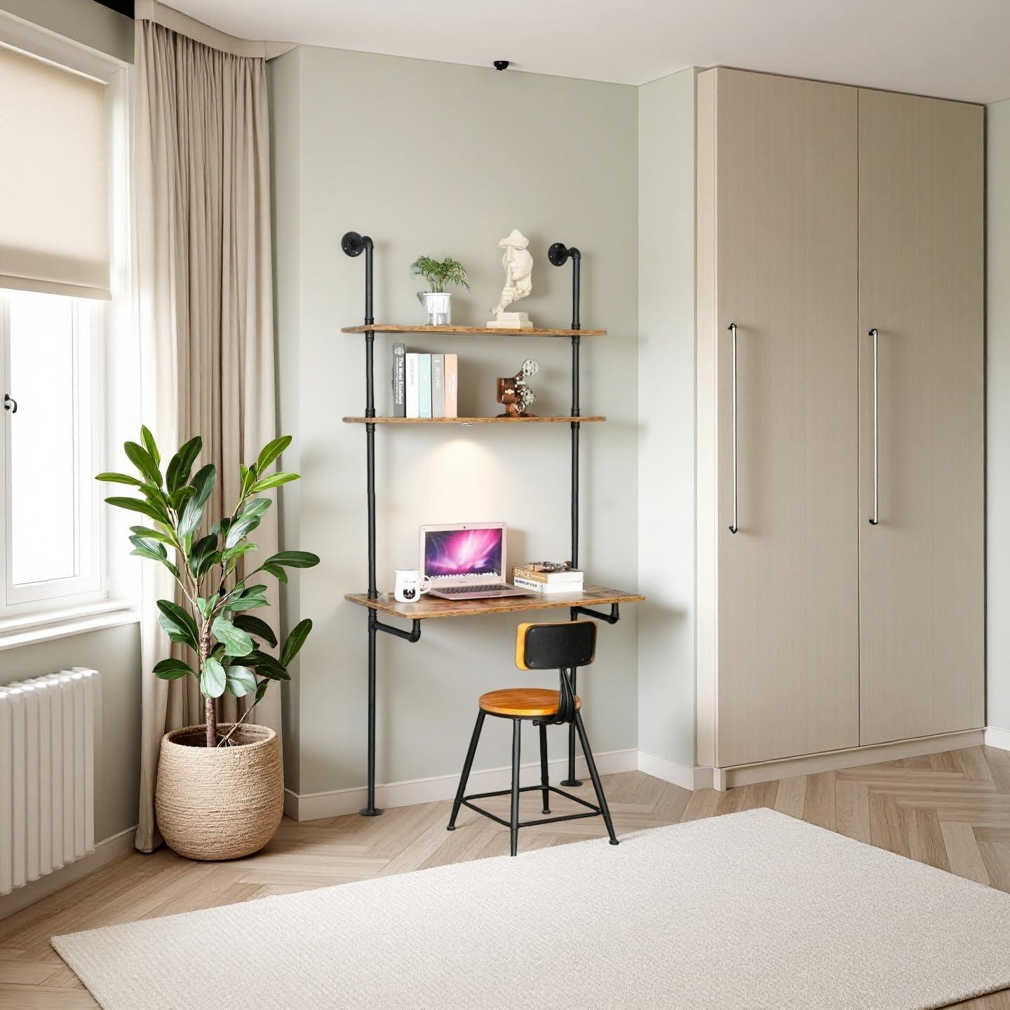 ZIOTHUM Industrial Wall Mount Desk with Shelves, Ladder Style Computer Laptop Desk, Floating Table with Storage, Industrial Pipe Bookcase for Home Office (36x20x81)