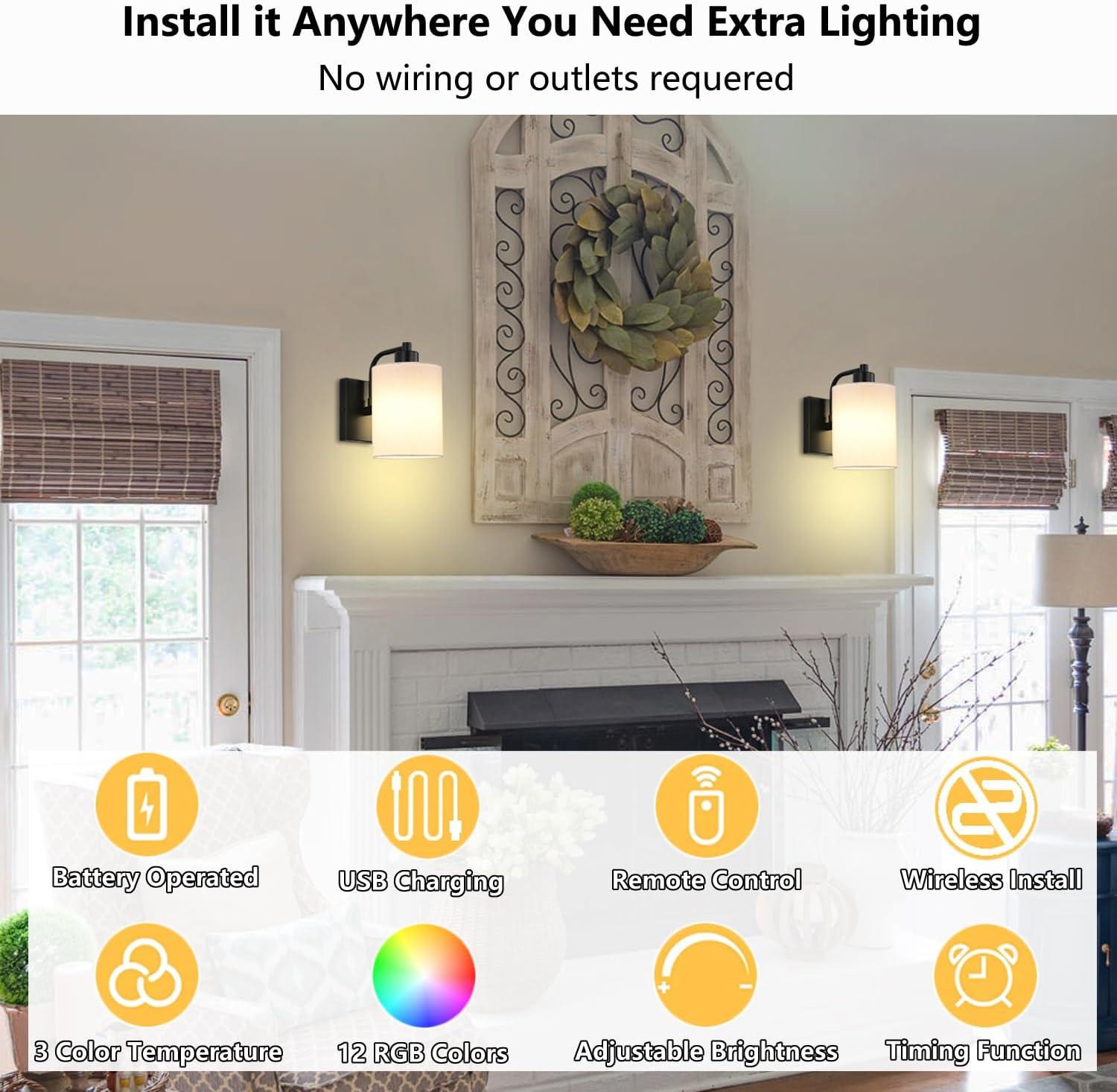 Latitude Run® Battery Operated Wall Sconce Set Of 2, Wireless Rechargeable Wall Lights, Glass Wall Lamps With Remotes And Dimmable RGB LED Bulbs, No Wiring Indoor Sconces Wall Decor For Bedroom Living Room Hallway