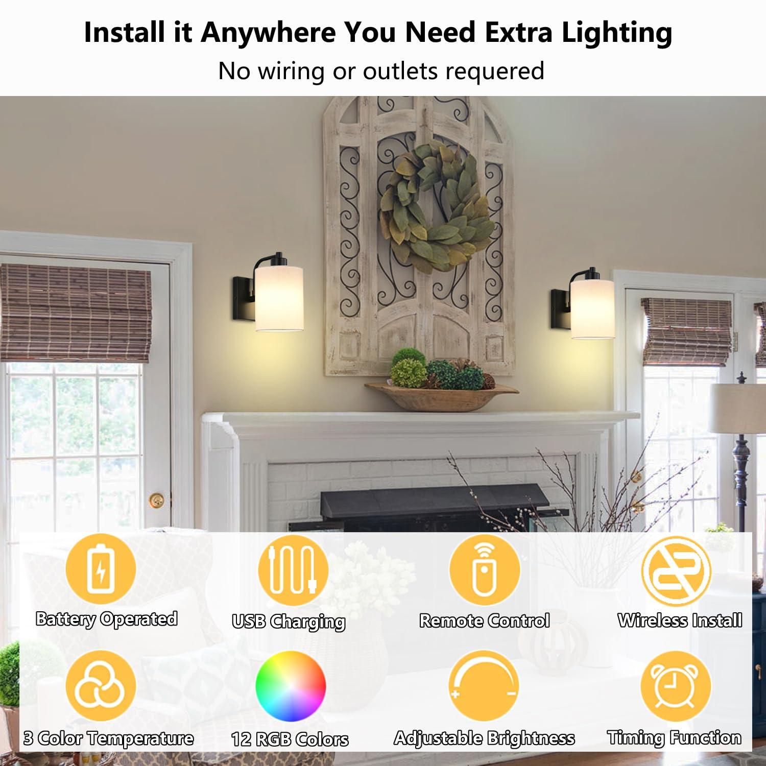 Latitude Run® Battery Operated Wall Sconce Set Of 2, Wireless Rechargeable Wall Lights, Glass Wall Lamps With Remotes And Dimmable RGB LED Bulbs, No Wiring Indoor Sconces Wall Decor For Bedroom Living Room Hallway