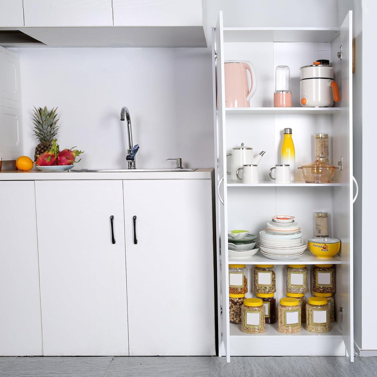 White 60" Tall Freestanding Kitchen Pantry Cabinet with Adjustable Shelves