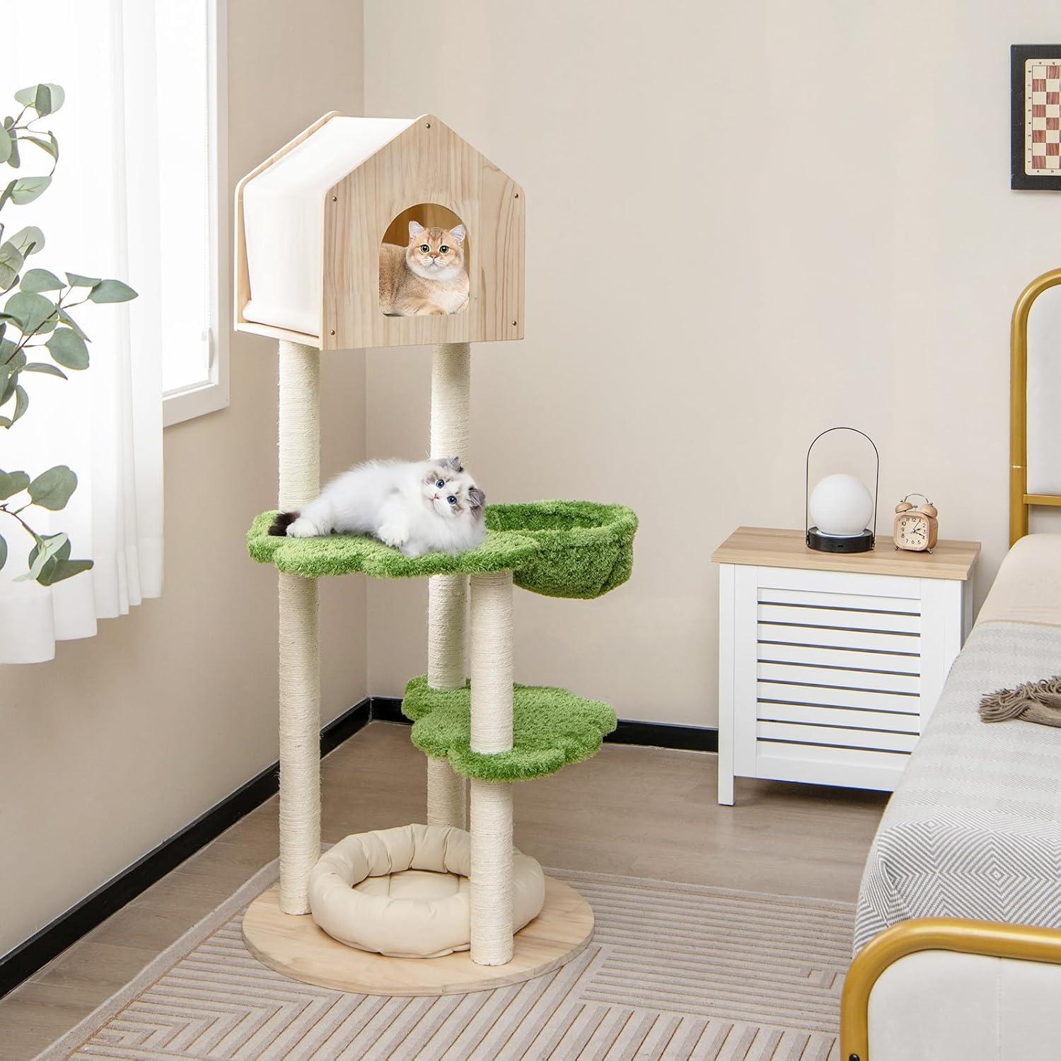 Latitude Run® Latitude Run® Wooden Cat Tree 55'' Tall Cat Climbing Stand W/ Sisal Scratching Posts Green