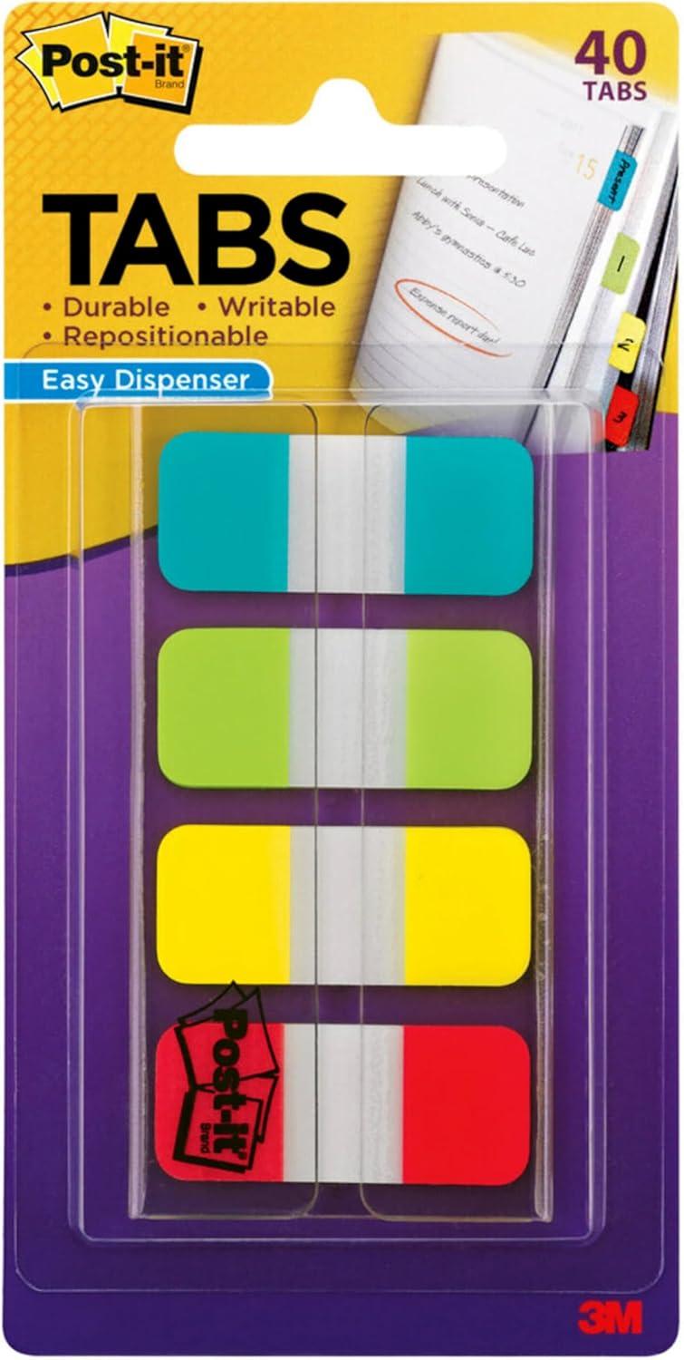 Post-it Tabs, .625", Aqua, Lime, Yellow, Red, 10/Color, 40/Dispenser