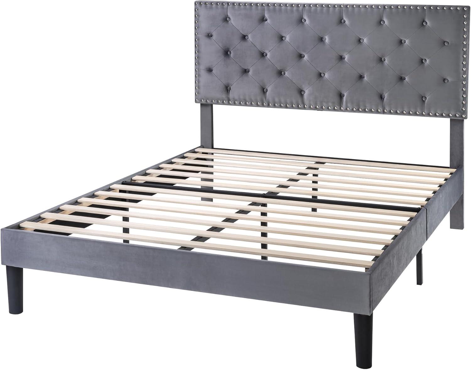 Allewie Full Size Bed Frame, Velvet Upholstered Platform Bed with Adjustable Diamond Button Tufted & Nailhead Trim Headboard, Light Grey