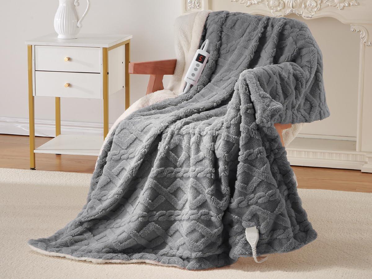 CAROMIO Heated Throw Blanket - Thick Tufted Sherpa Electric Blanket Throw with 10 Heating Levels and 10 Time Settings, ETL Certified Machine Washable Fast Heating Blanket Throw 50"×60", Grey