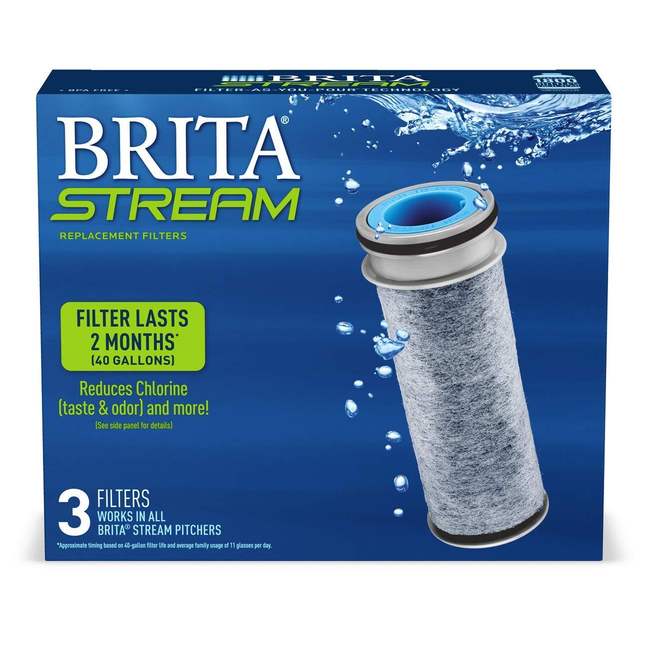 Brita Stream Water Filter, Stream Pitcher Replacement Water Filter, BPA Free, 3 Count