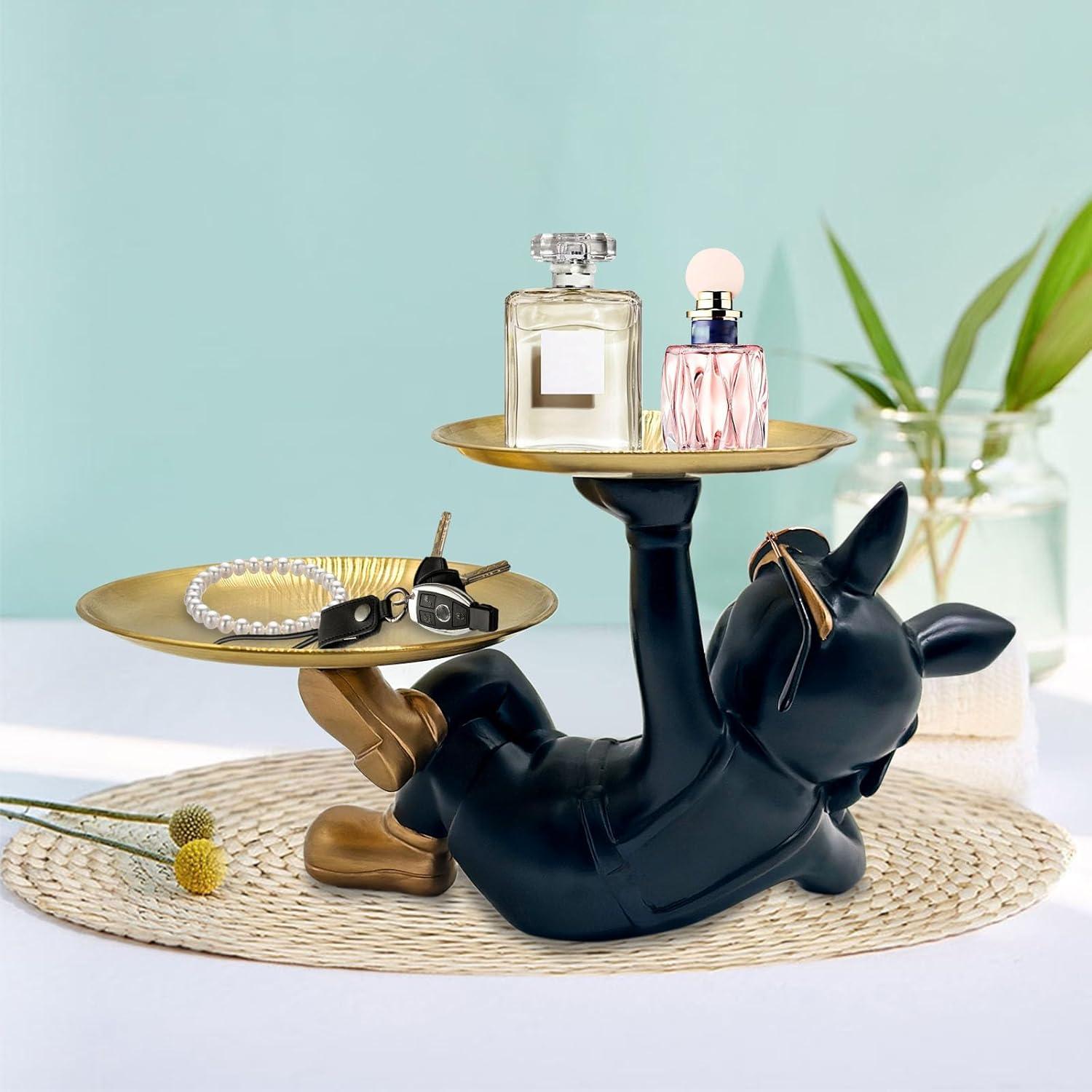 Resin Bulldog Tray Statue, Lying Bulldog Candy Dish Key Holder Bowl, Bulldog Accessories, Statues for Office Desk Home Decor Figurines Entryway Table Decor (Black)