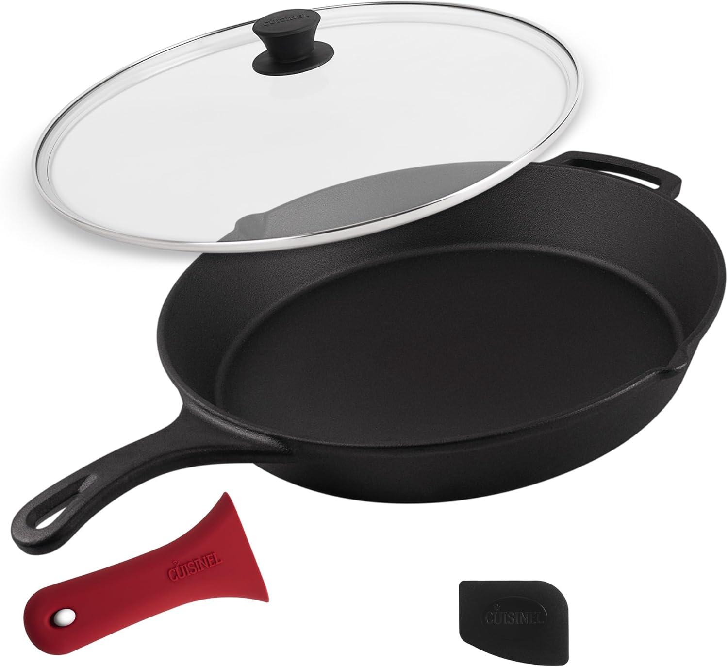 15-Inch Black Cast Iron Skillet with Glass Lid and Silicone Handle