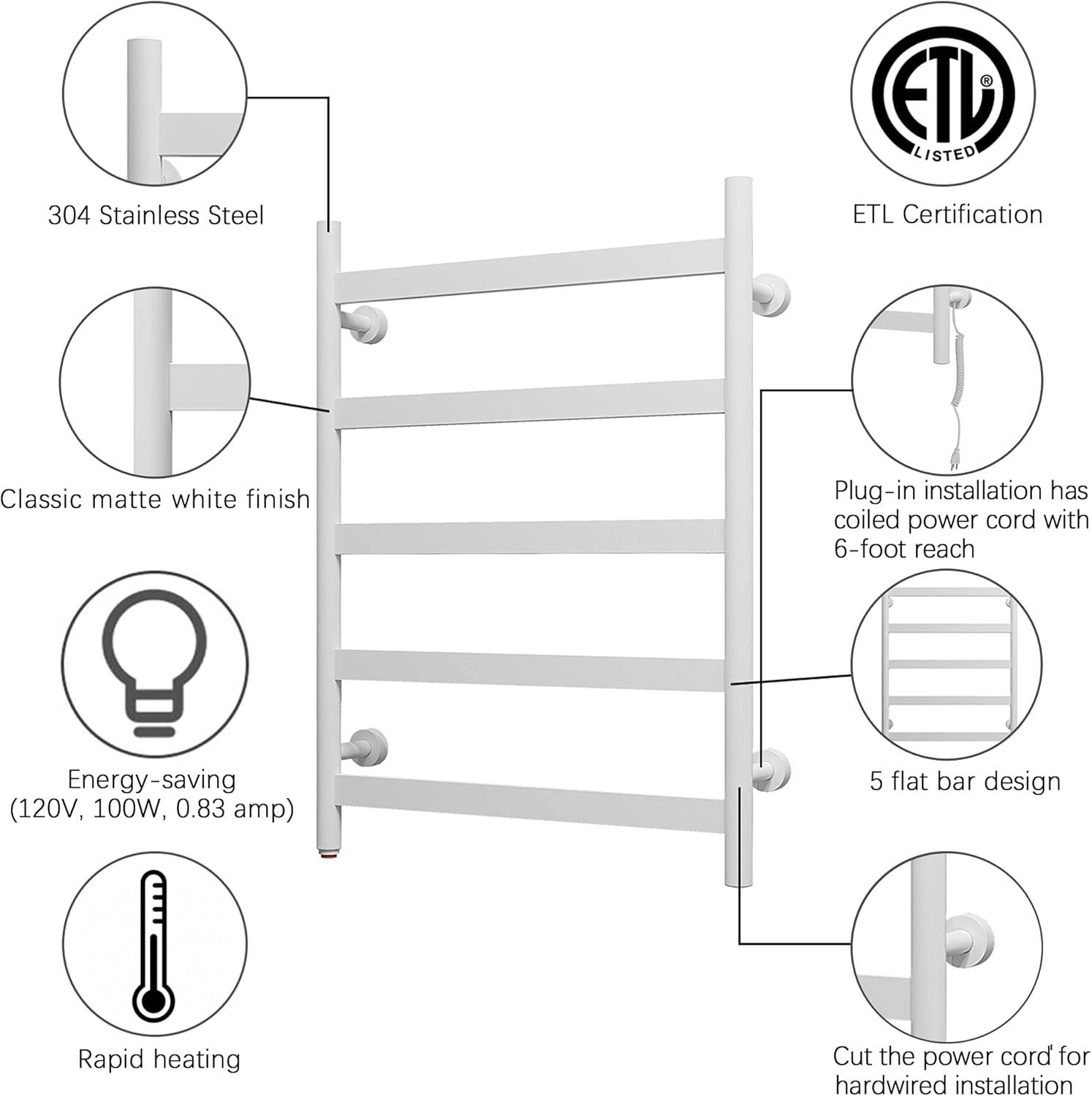 HEATGENE Towel Warmer 5 Flat Bar Towel Dryer Wall-Mounted Plug-in Bath Towel Heater - Gloss White