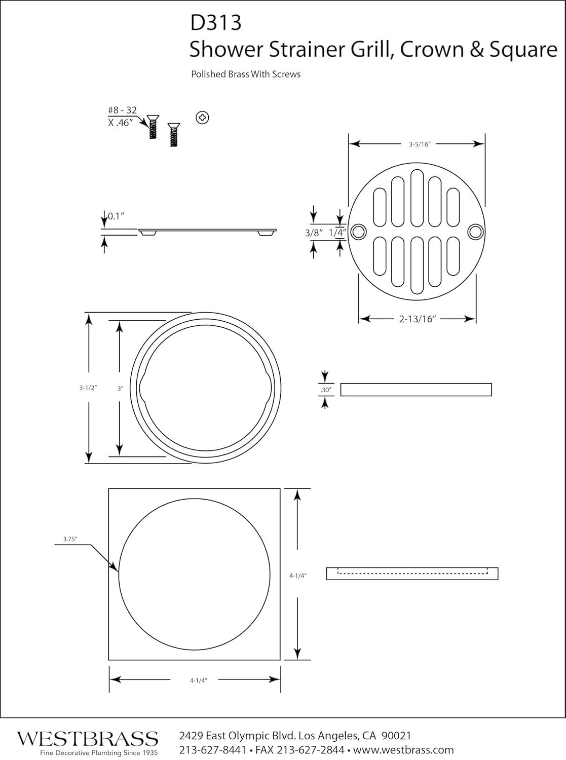 4-1/4" Brass Shower Tile Square with 3-1/2" OD Round Drain Cover