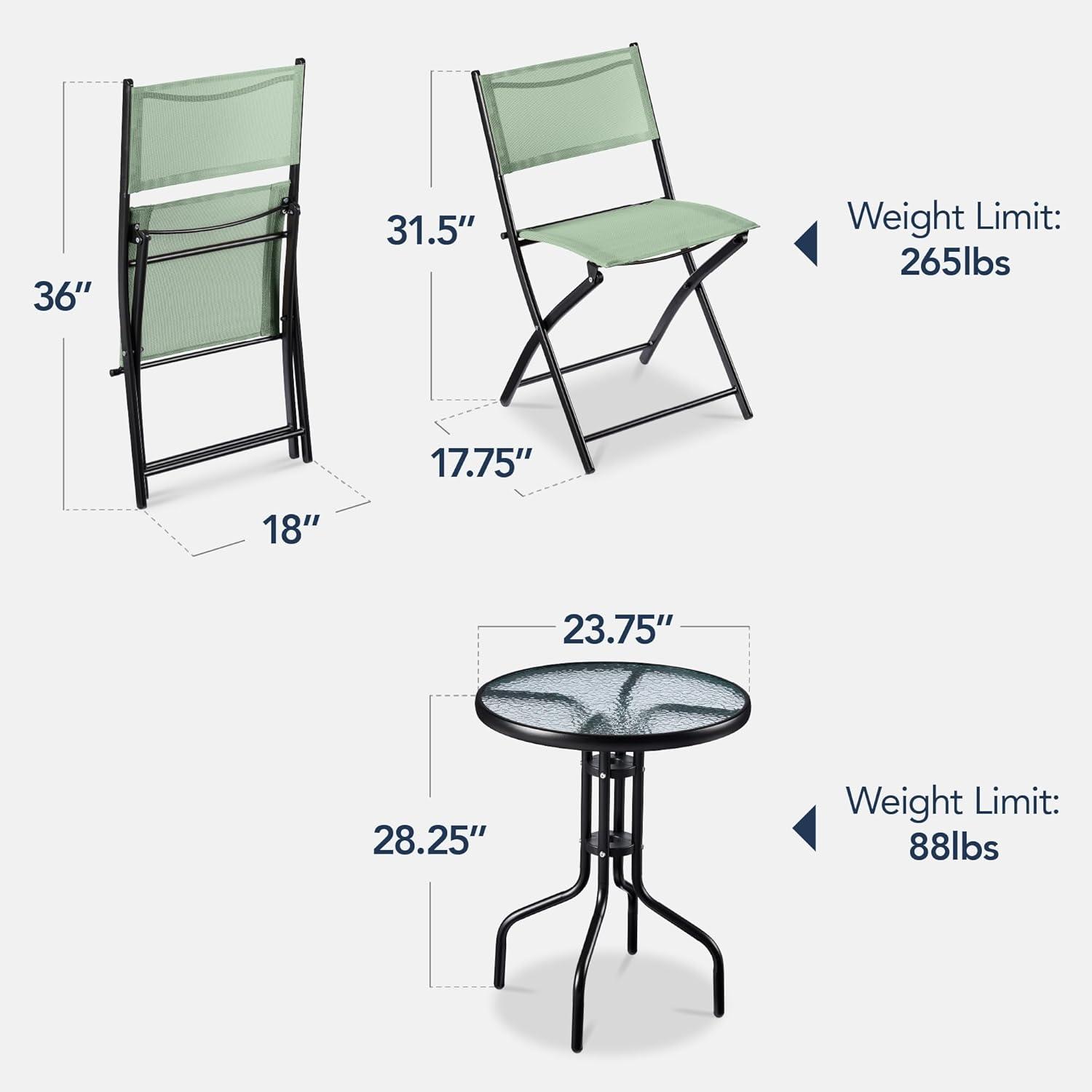 George Oliver 3-Piece Patio Bistro Dining Furniture Set W/ Glass Tabletop, Folding Chairs
