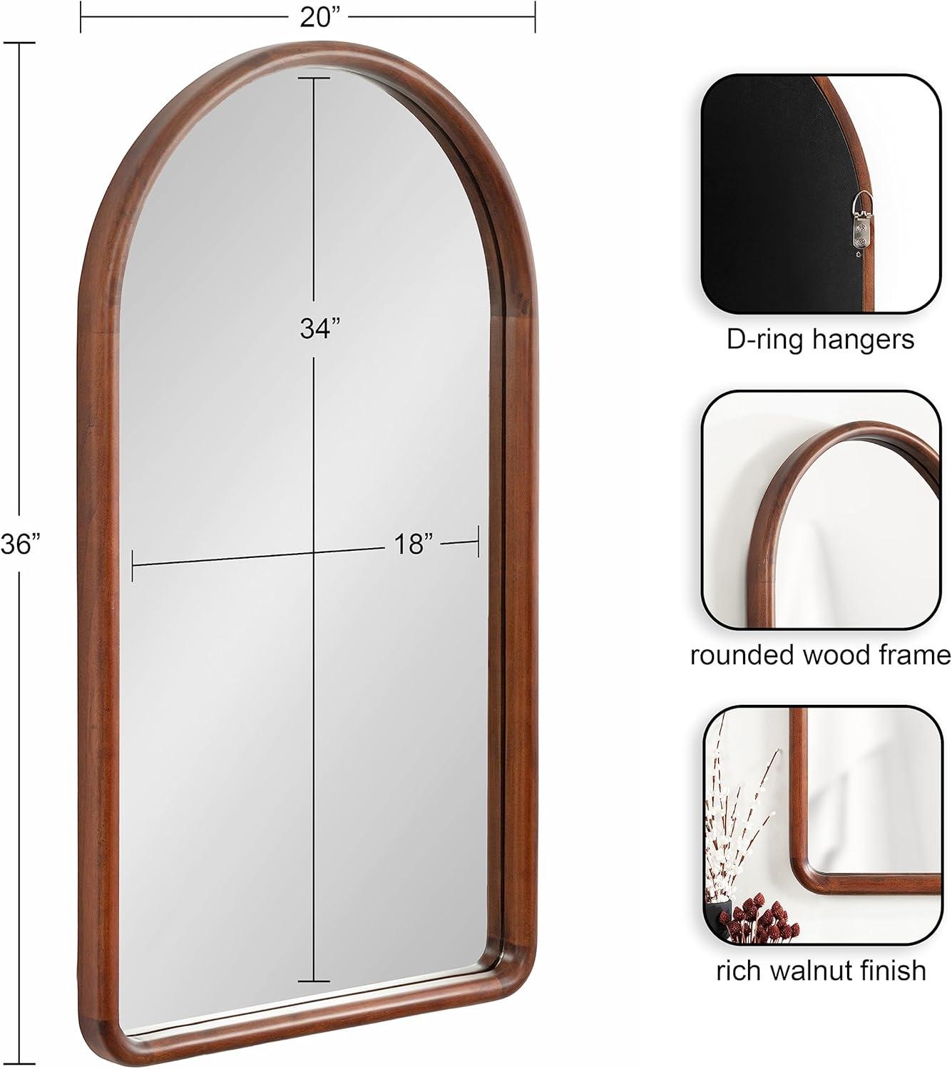 Tall Arched Walnut Wood Wall Mirror with Rounded Frame