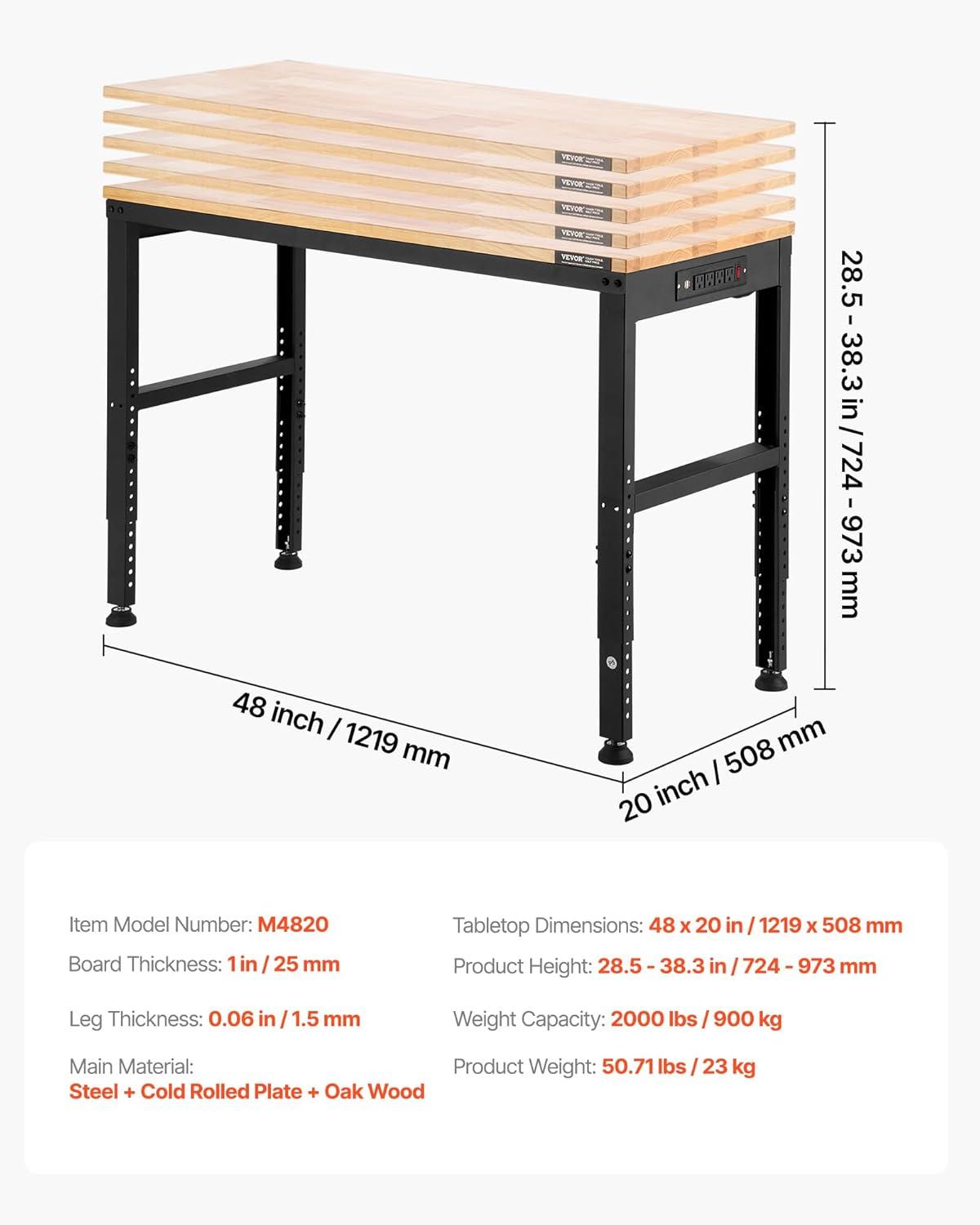 VEVOR 48'' W Wood Top Height-Adjustable Workbench