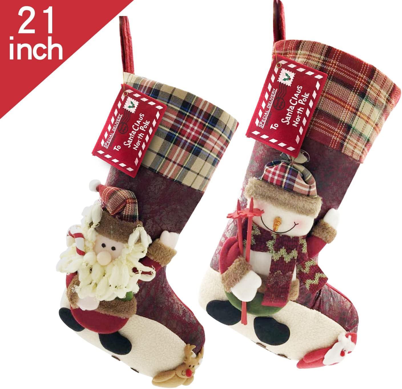 21 inch Plaid Christmas Stockings Snowman with Santa Claus One Piece, Felt Large Plush 3D Snowman Design Hanging Xmas Stocking for Girls Boys Gift Tree Mantel Party Décor (Red Snowman)