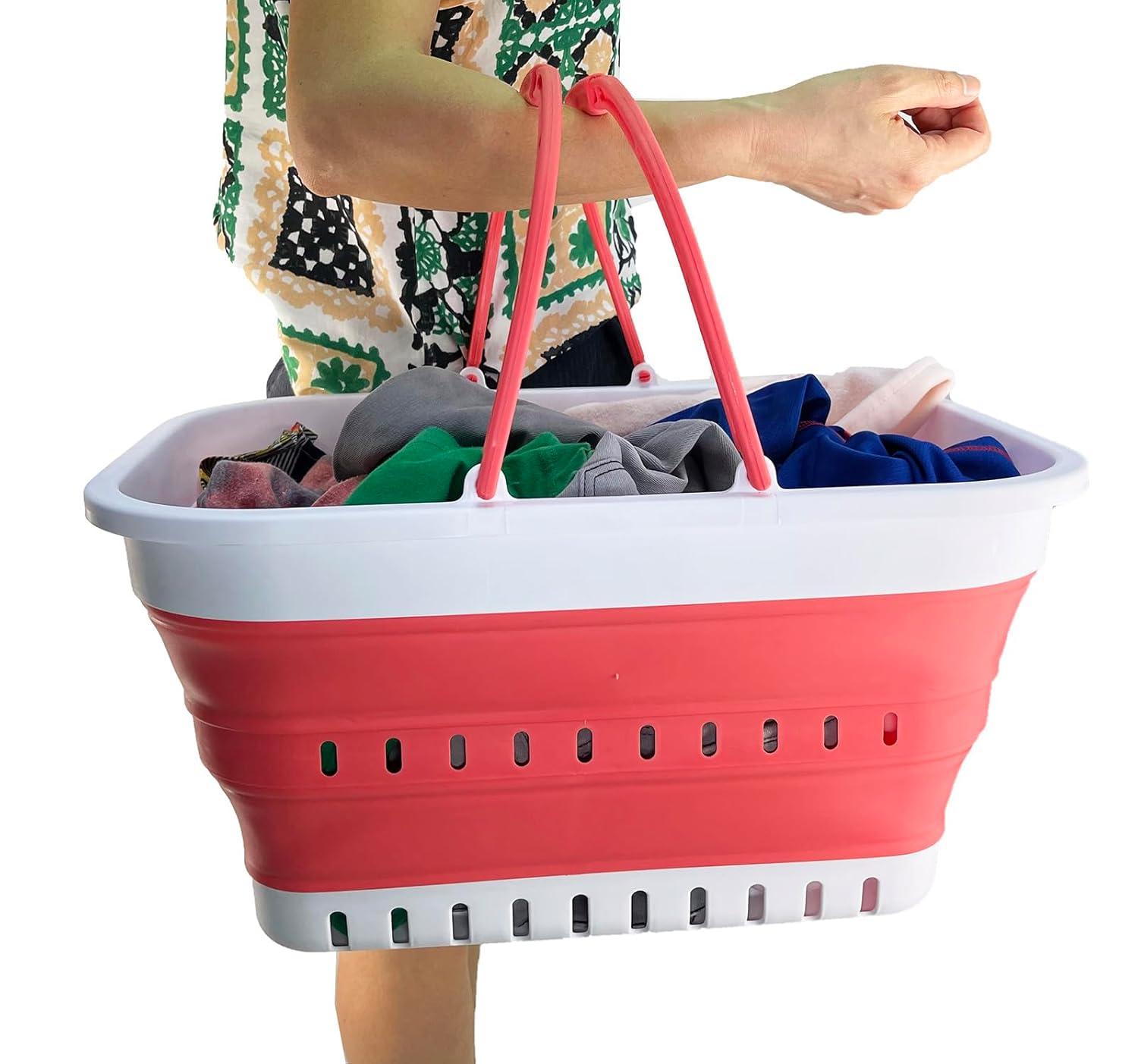 SAMMART 26L (6.8 Gallons) Collapsible Plastic Laundry Basket with Handle, White/Coral Pink