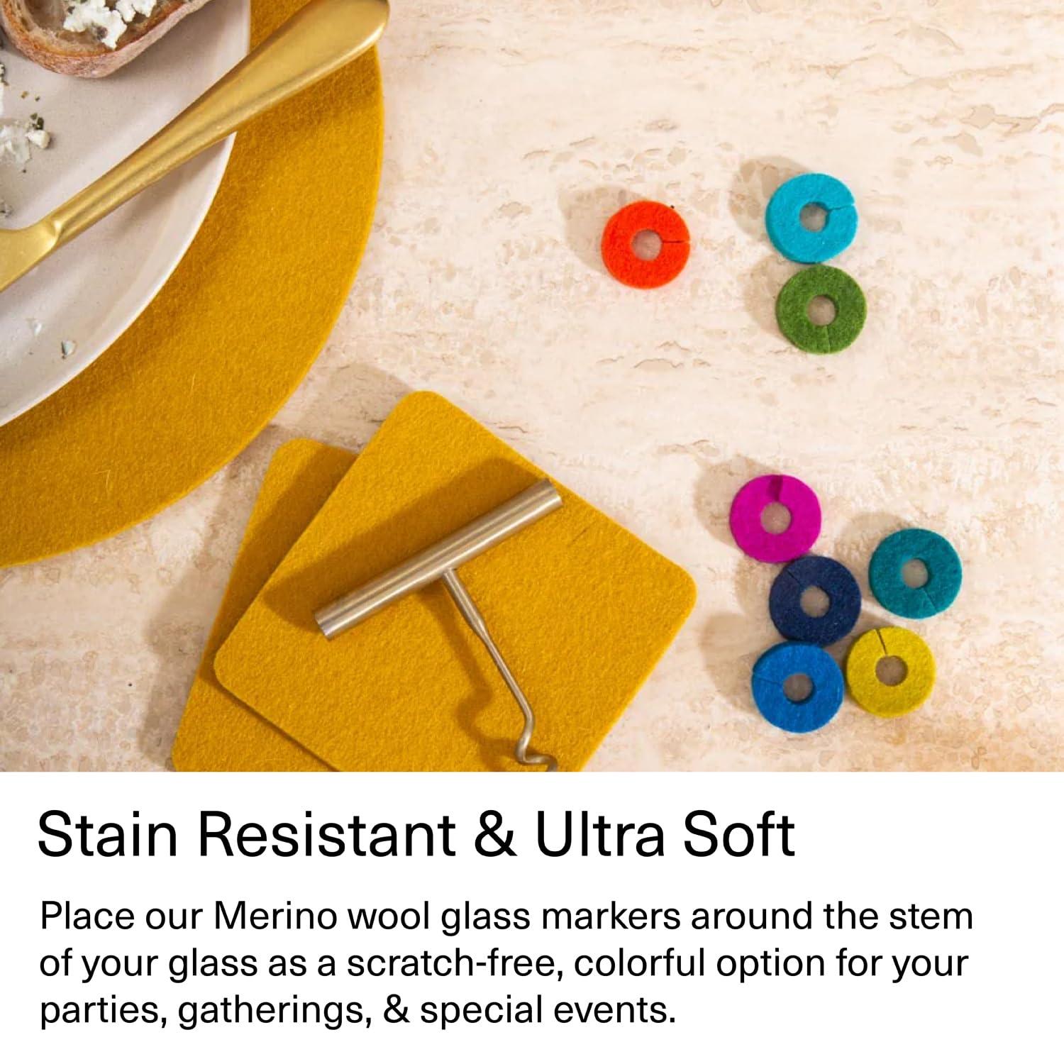 Graf Lantz - Wine-O's Merino Wool Wine Glass Charms (Midcentury) 12 Count - Drink Markers with Note Card - Reusable - 12 Colors - Boho Style - Home Decor, Party Favors & Vacation Essentials - 5mm Felt