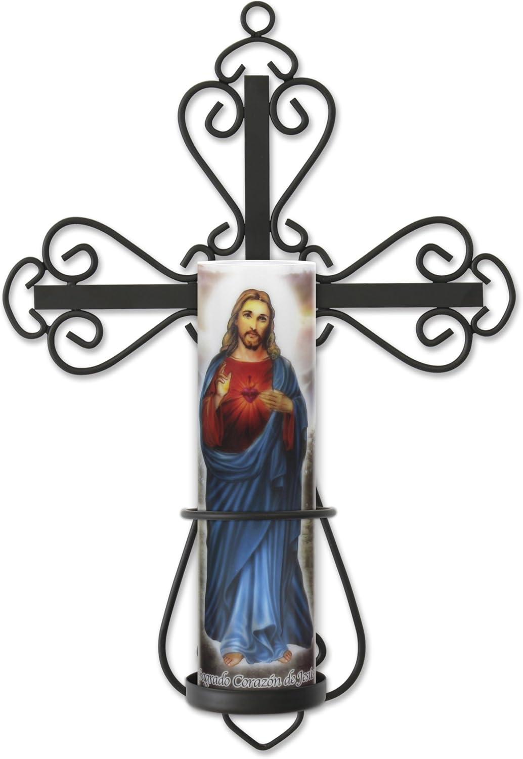 Black Metal Cross Wall Sconce with LED Candle