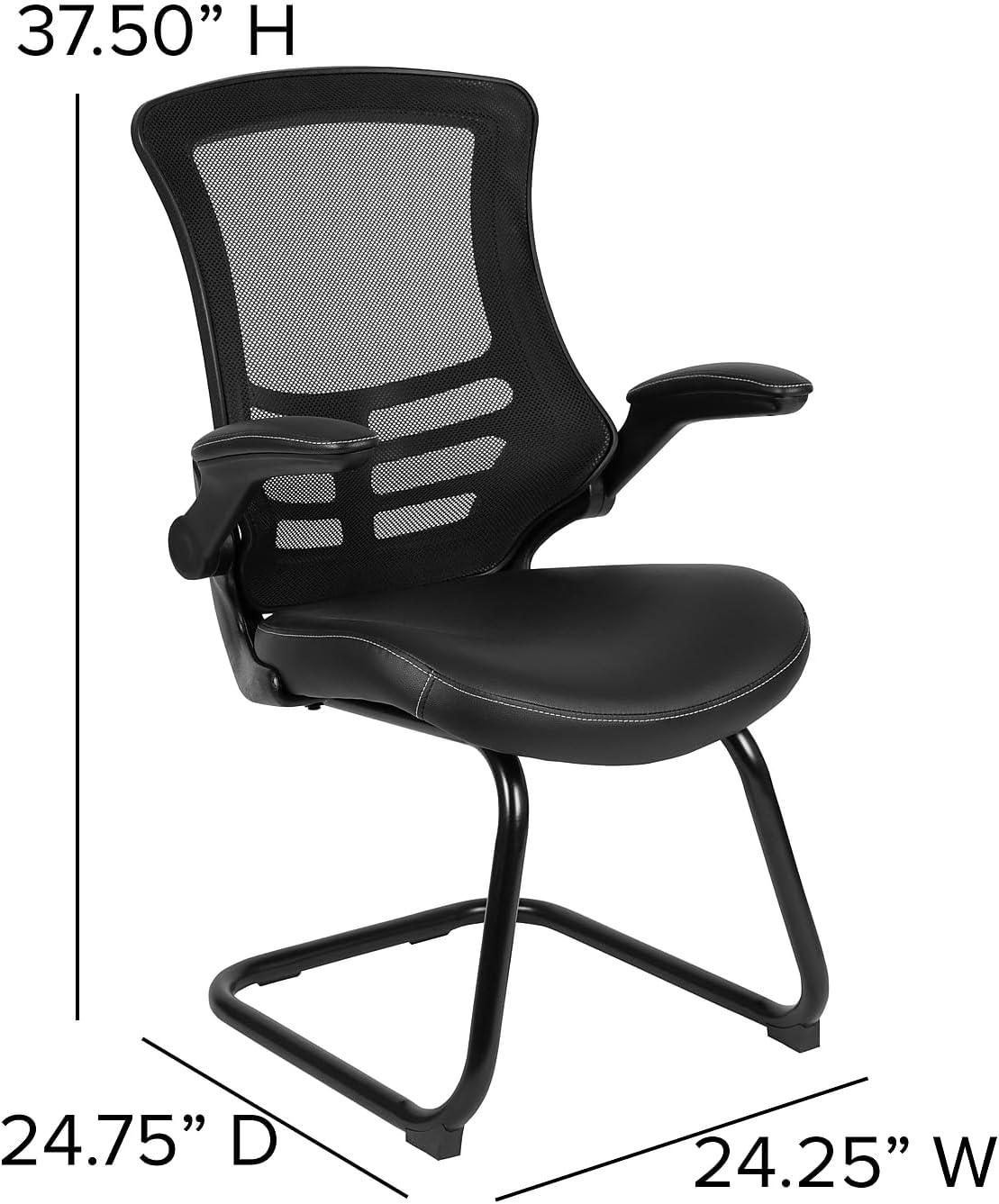 Flash Furniture Kelista Black Mesh Sled Base Side Reception Chair with White Stitched LeatherSoft Seat and Flip-Up Arms
