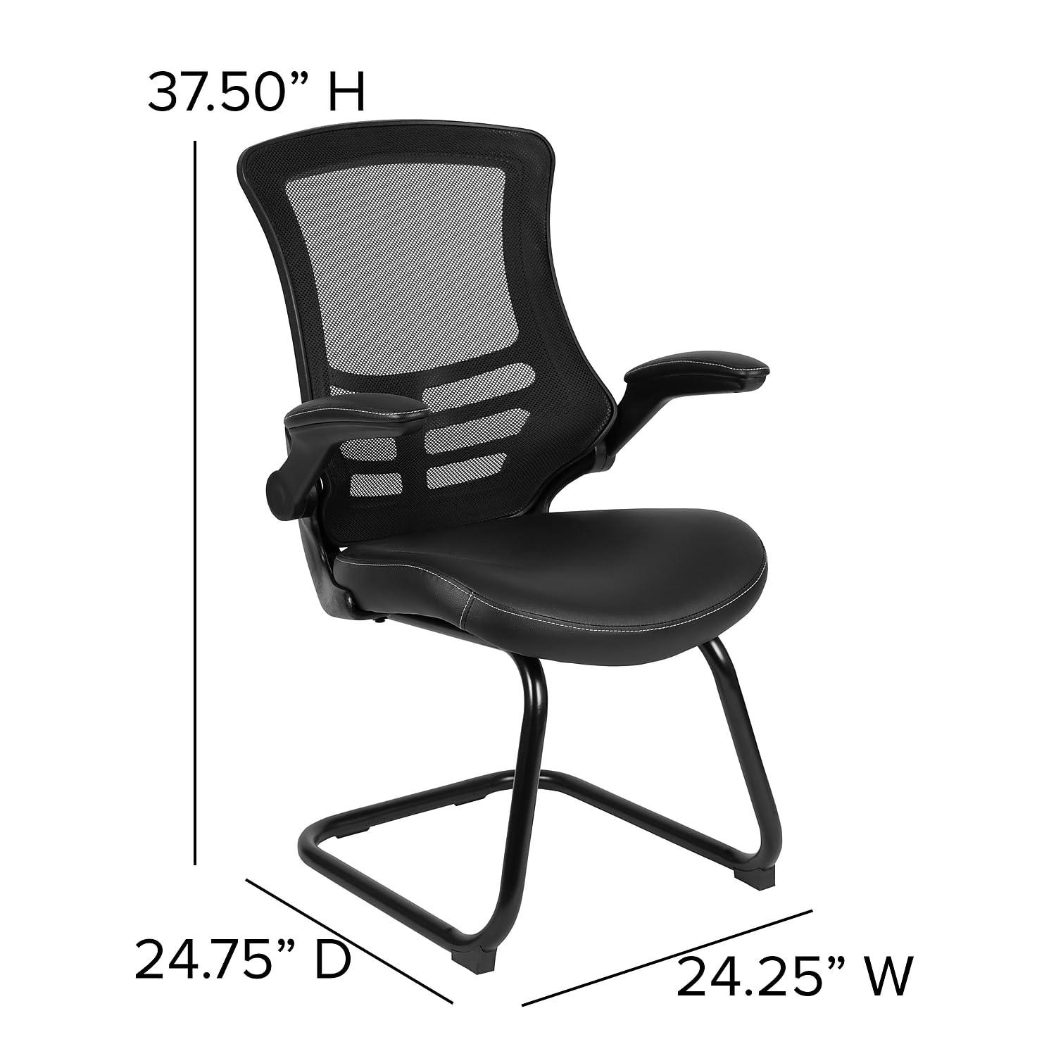 Flash Furniture Kelista Black Mesh Sled Base Side Reception Chair with White Stitched LeatherSoft Seat and Flip-Up Arms