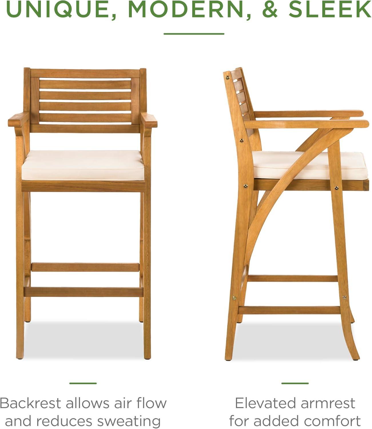 Best Choice Products Set of 2 Outdoor Acacia Wood Bar Stools Bar Chairs w/ Weather-Resistant Cushions - Teak Finish