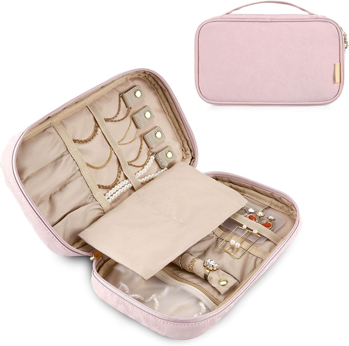 Jewelry Organizer Case Travel Jewelry Storage Bag for Necklace, Earrings, Rings, Bracelet, Soft Pink