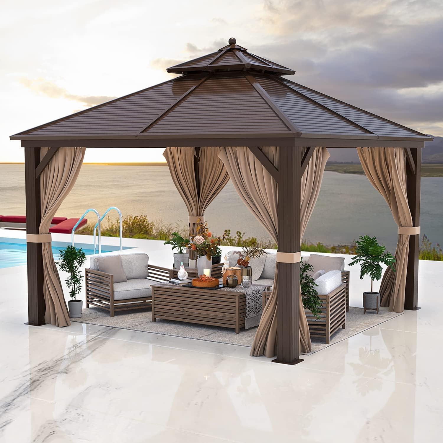 12'x12' Brown Aluminum and Steel Hardtop Gazebo with Curtains