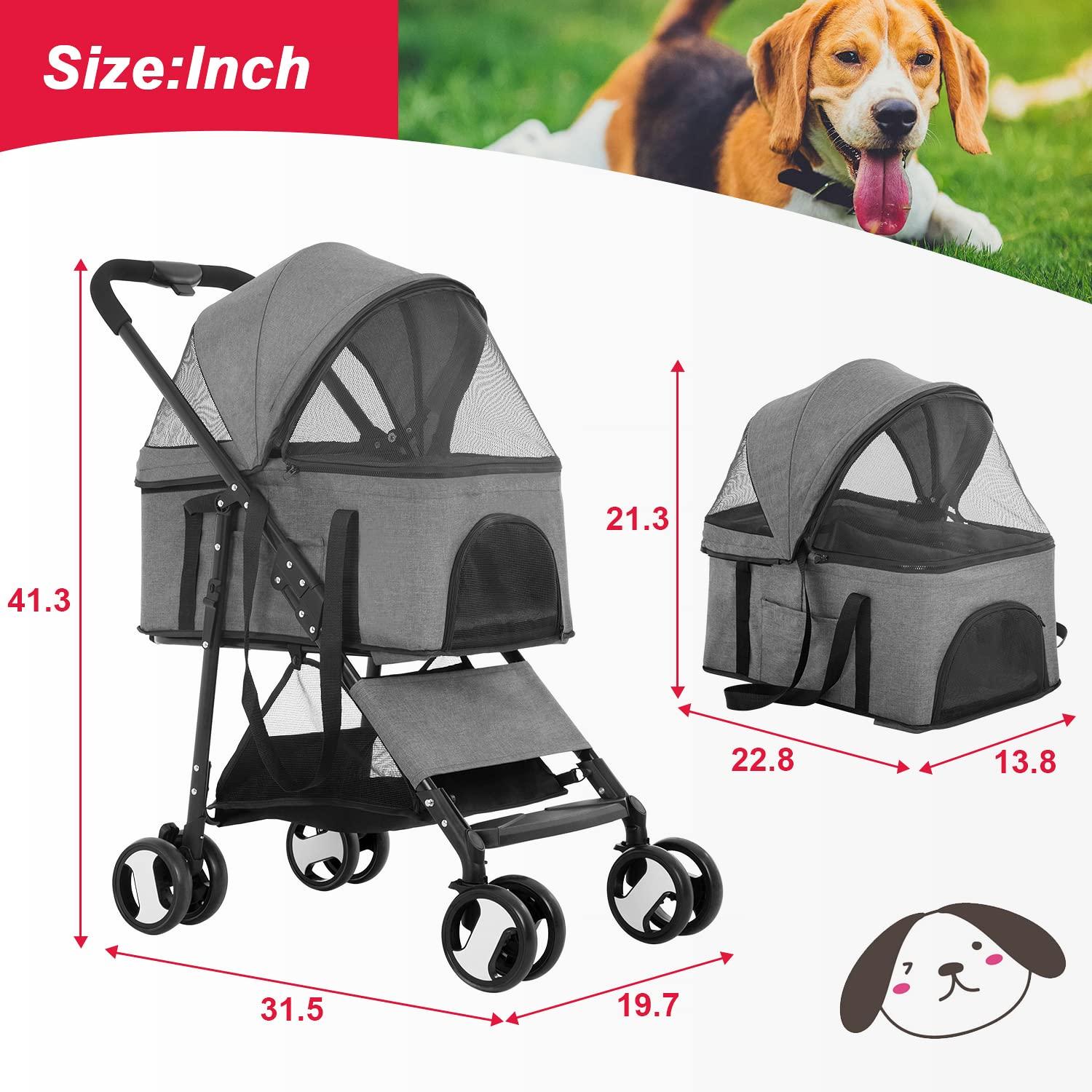 Gray Multifunction Pet Stroller with Detachable Carrier