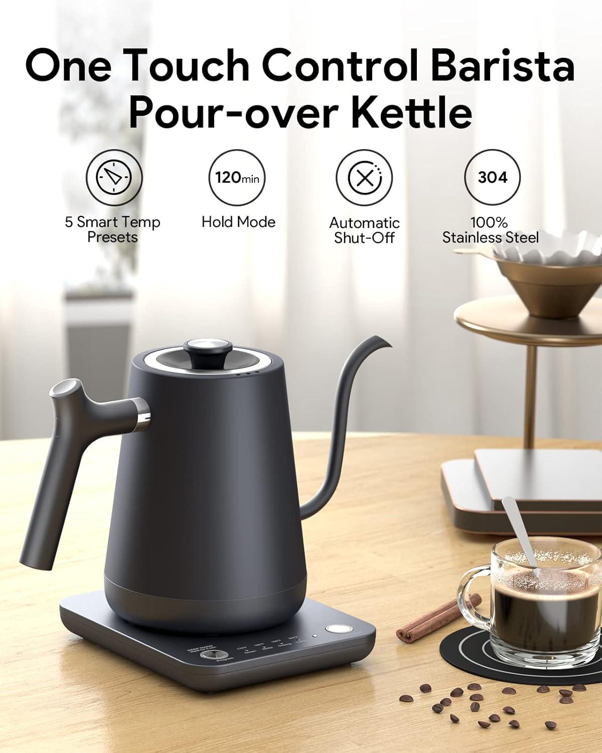 Gooseneck Electric Tea Kettle Pour-Over Kettle for Coffee, with 5 Variable Presets, 100% Stainless Steel Inner, with Keep Warm and Mute Function 0.8L, 1000W Quick Heating, Matte Black