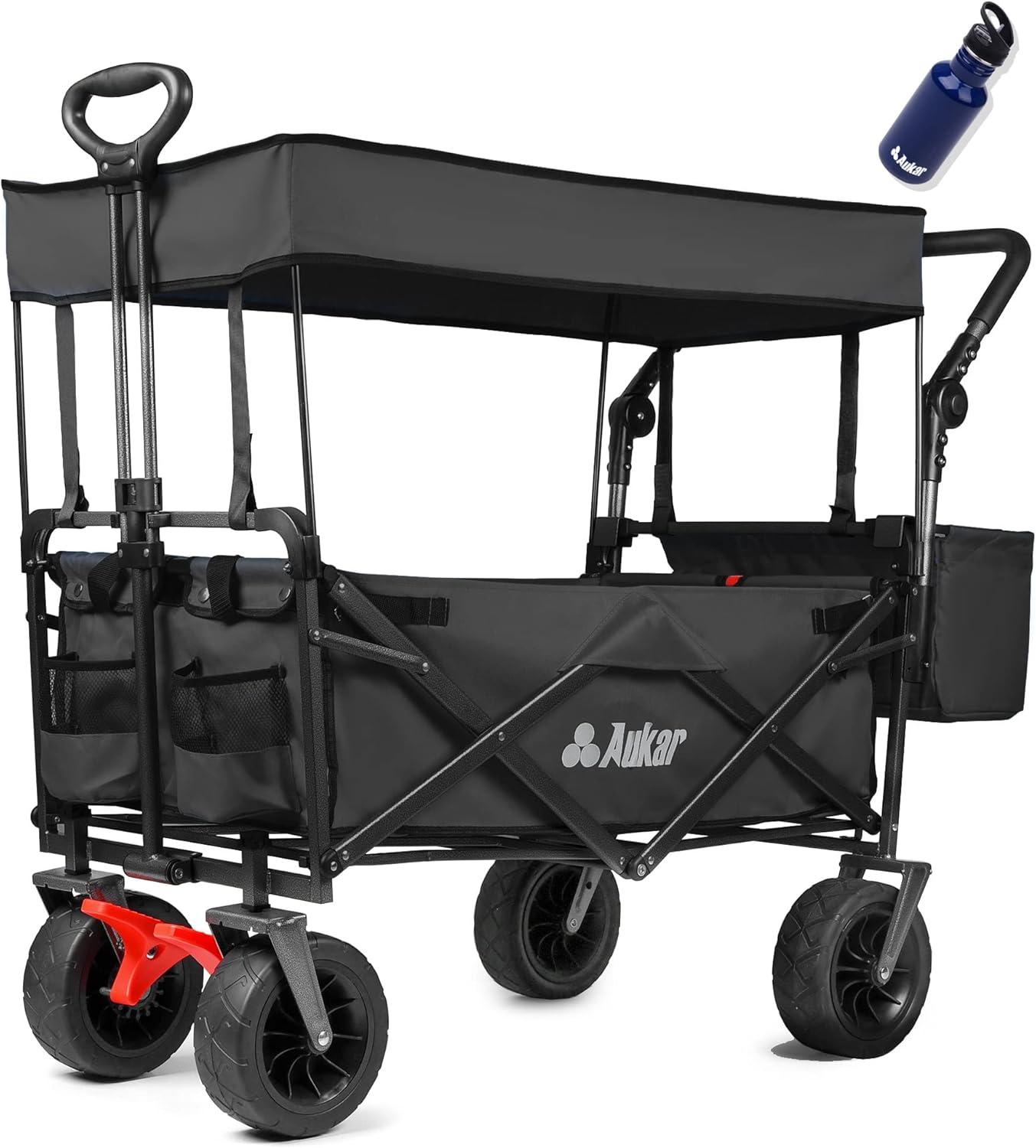 Large Collapsible Wagon Cart with Removable Canopy, Heavy Duty Folding Beach Wagon with Big Wheels, Adjustment Push Handle&Rear Brakes,Cooler Bag, Utility All-Terrain Wagon for Garden Shopping Camping