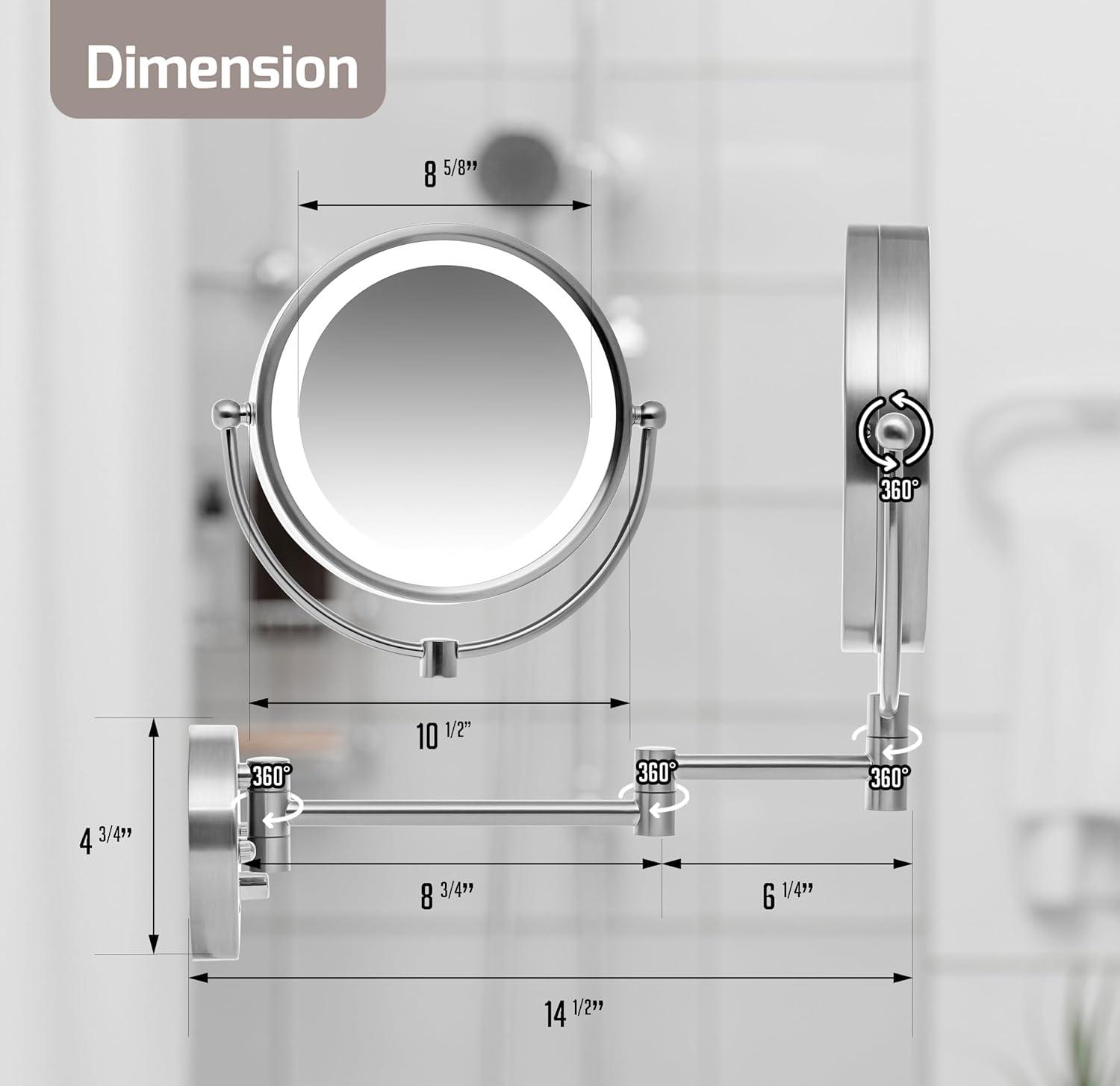 OVENTE 8.5'' Hardwired Lighted Wall Mount Makeup Mirror, 1X & 7X Magnifier, Nickel Brushed MPWD3185BR1X7X