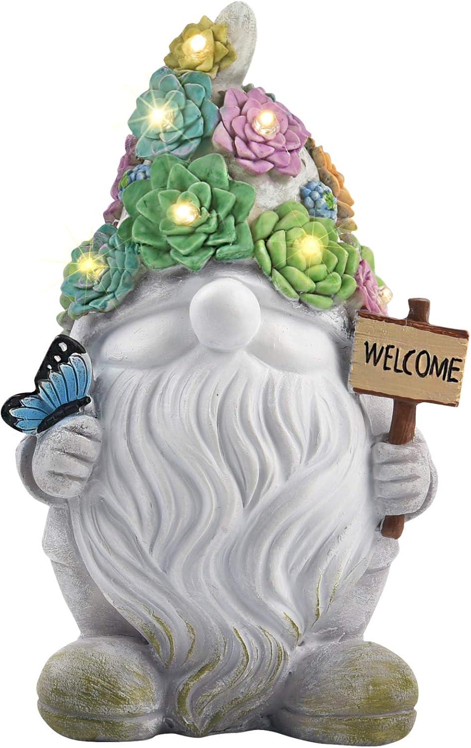 Solar Gnome Garden Statue with LED Lights and Welcome Sign