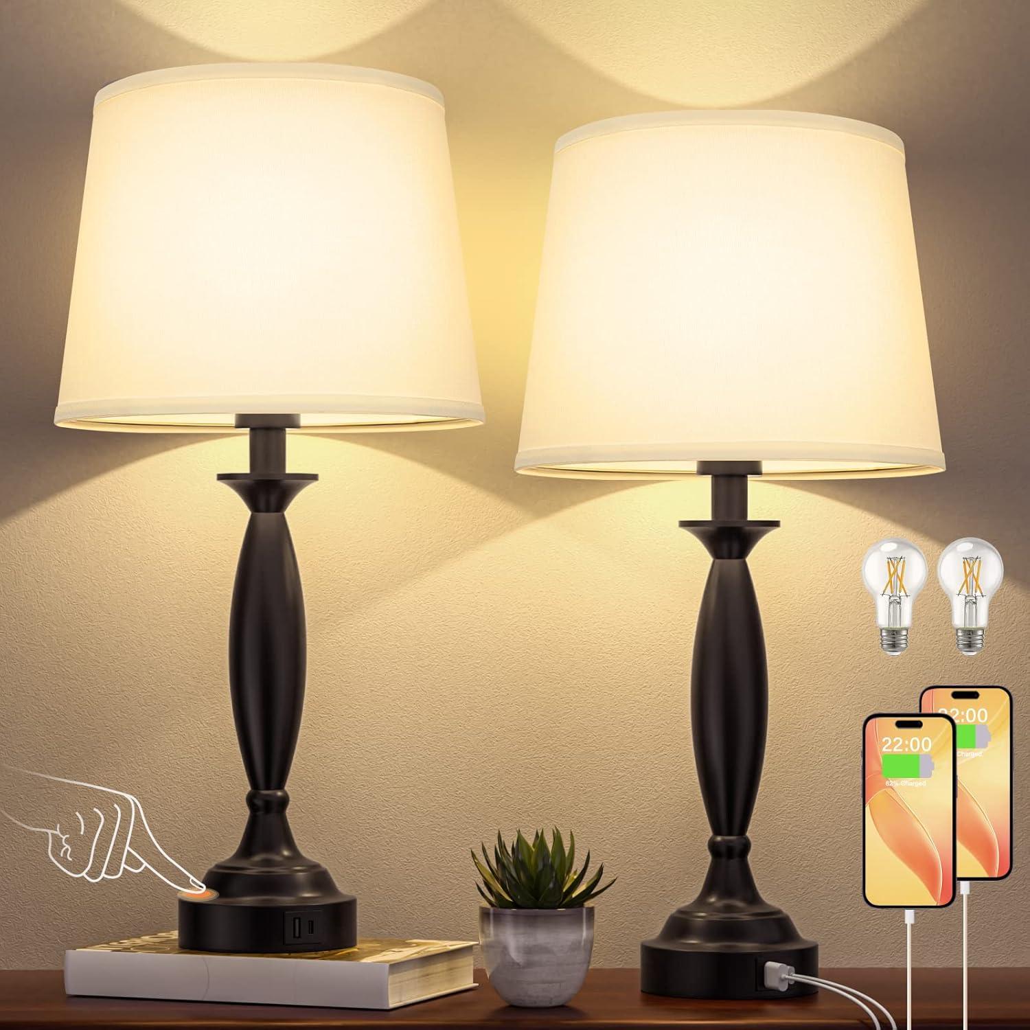 Set of 2 Black Metal Touch Control Table Lamps with White Shades