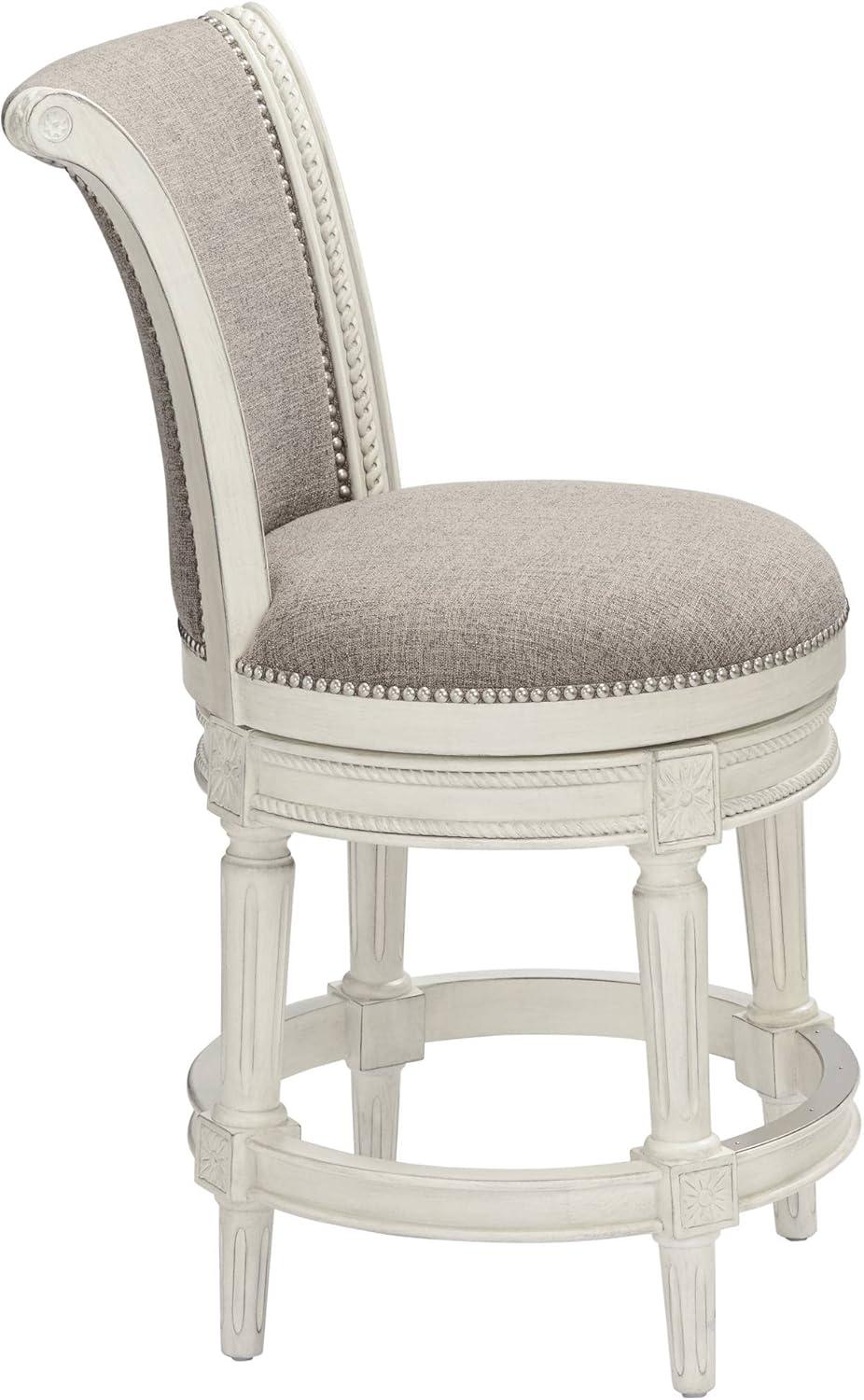 55 Downing Street Oliver Wood Swivel Bar Stool White 24 1/2" High Traditional Scroll Pewter Round Cushion with Backrest Footrest for Kitchen Counter