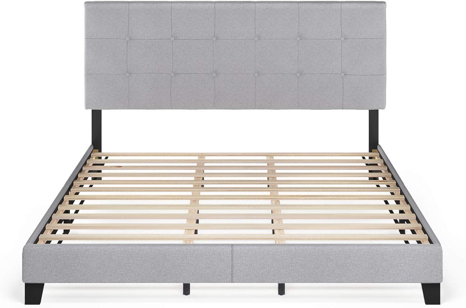 Furinno Laval Button Tufted Bed, 12 Pieces Slat Style, Glacier, California King