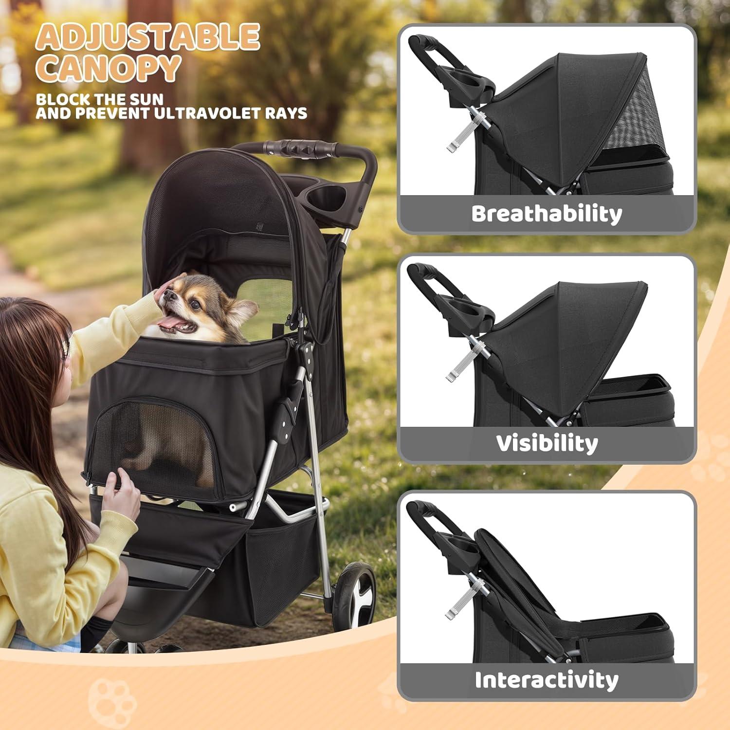 Magshion Foldable Pet Dog and Cat Stroller with Adjustable Canopy Storage Basket and Cup Holder for Small and Medium Pets