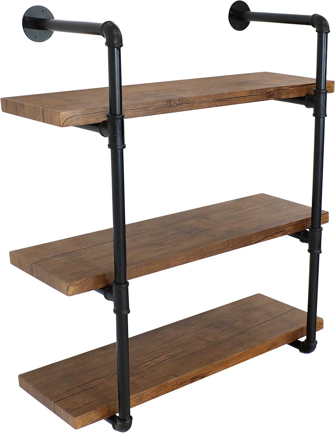 Sunnydaze 3 Shelf Industrial Style Pipe Frame Wall-Mounted Floating Shelf with Wood Veneer Shelves
