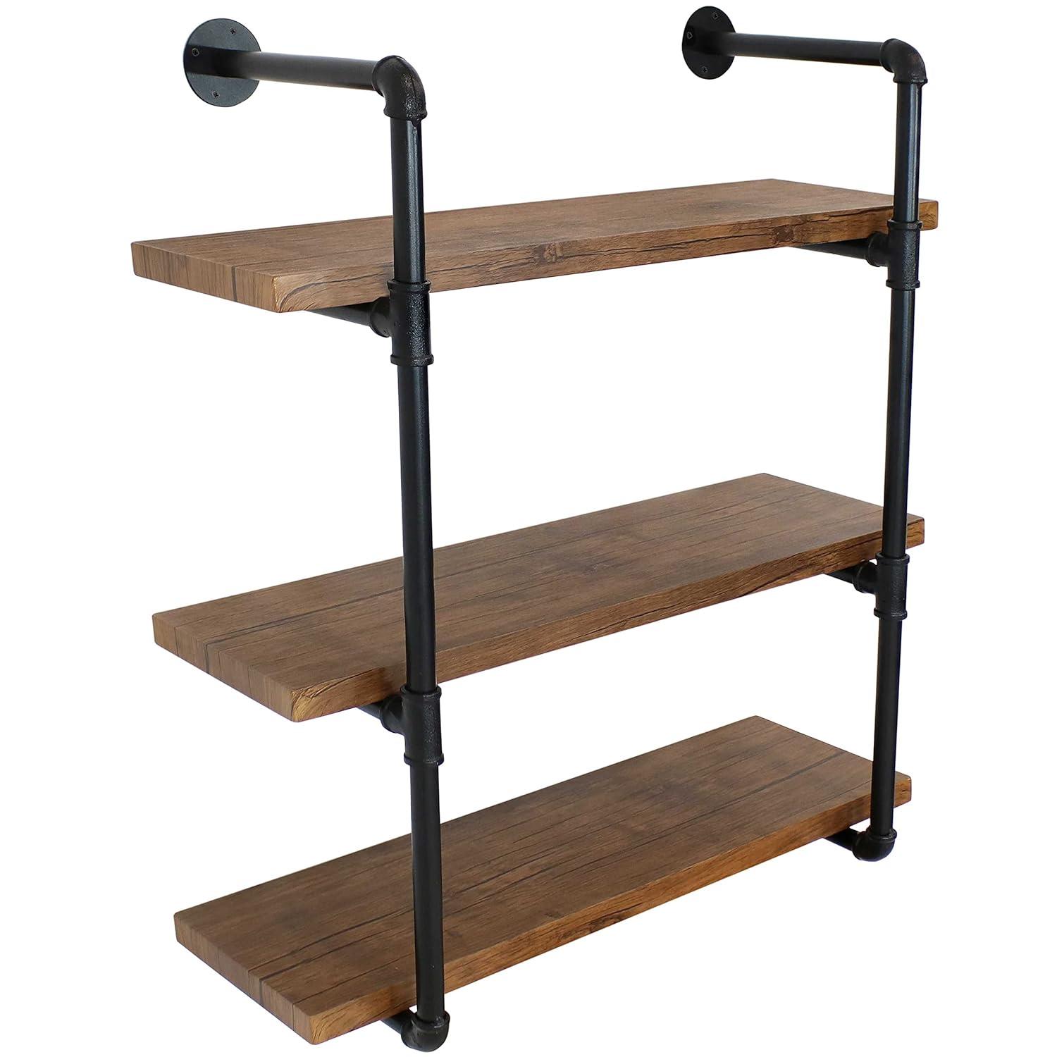 Sunnydaze 3 Shelf Industrial Style Pipe Frame Wall-Mounted Floating Shelf with Wood Veneer Shelves