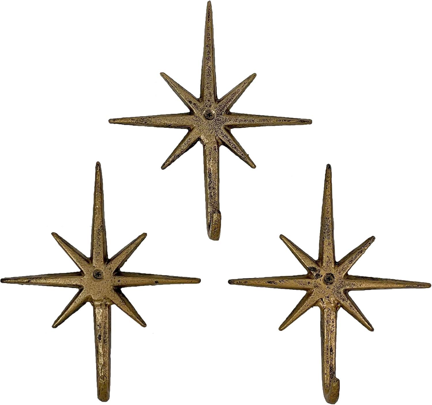 Zeckos Set of 3 Gold Finish Cast Iron Atomic Starburst Wall Hooks - Gold - Size 6.75 inch