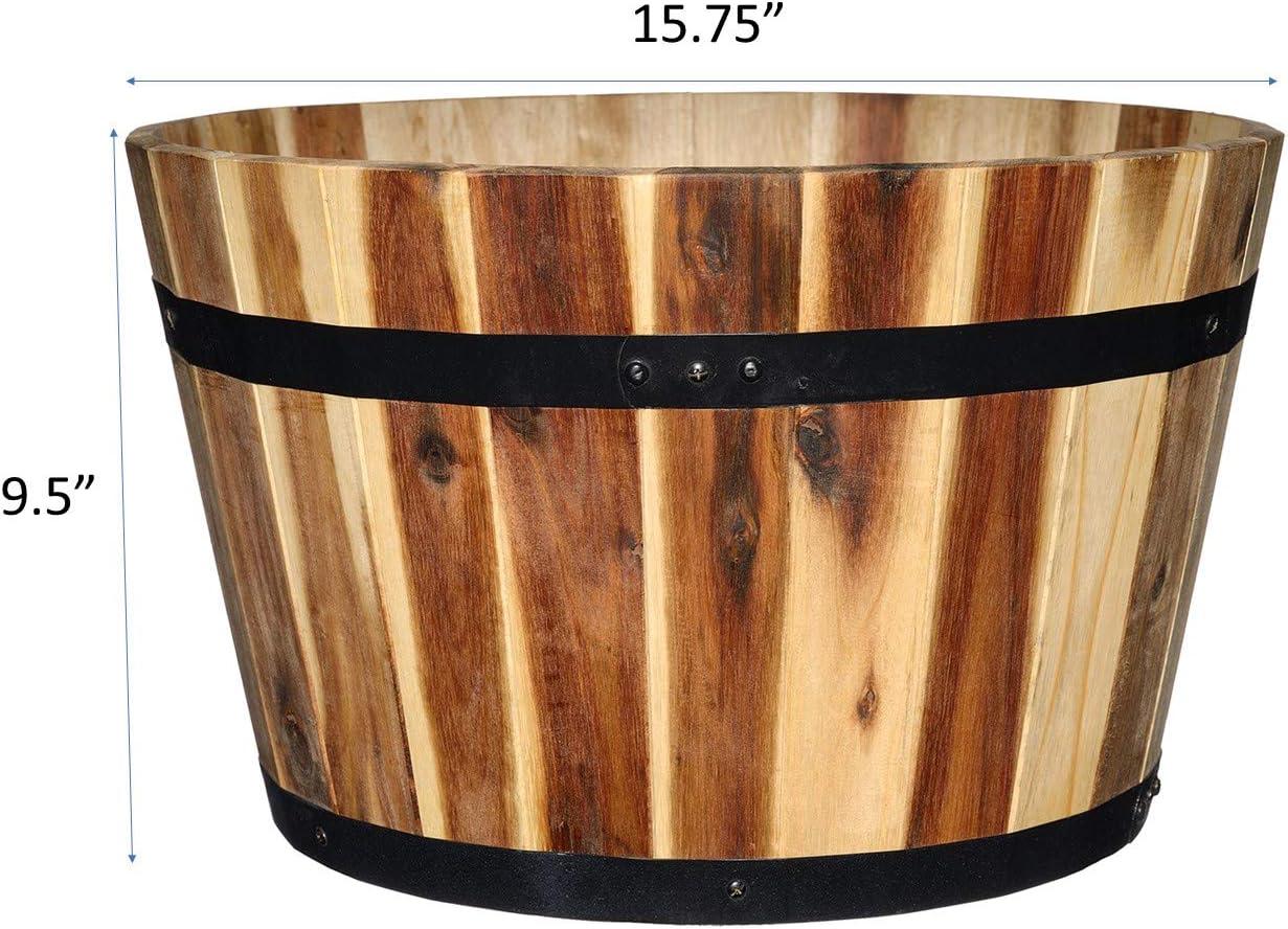 16-Inch Acacia Wood Whiskey Barrel Planter with Black Metal Bands