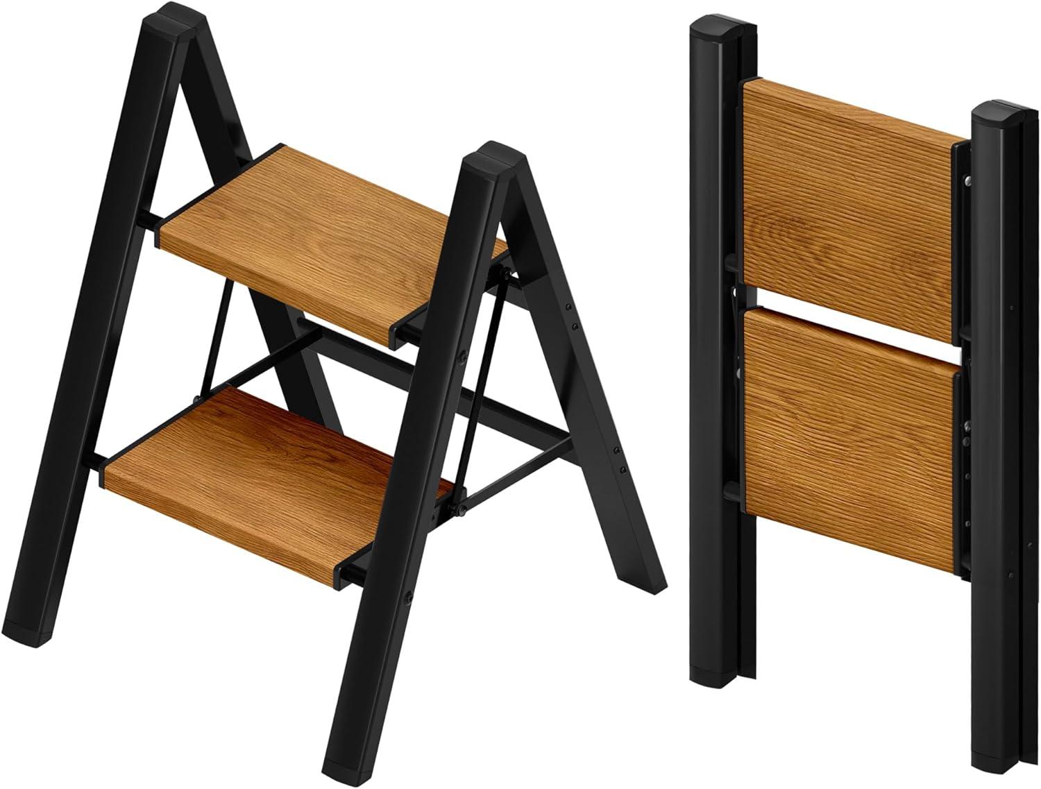 Black Aluminum Foldable 2-Step Ladder with Woodgrain Steps