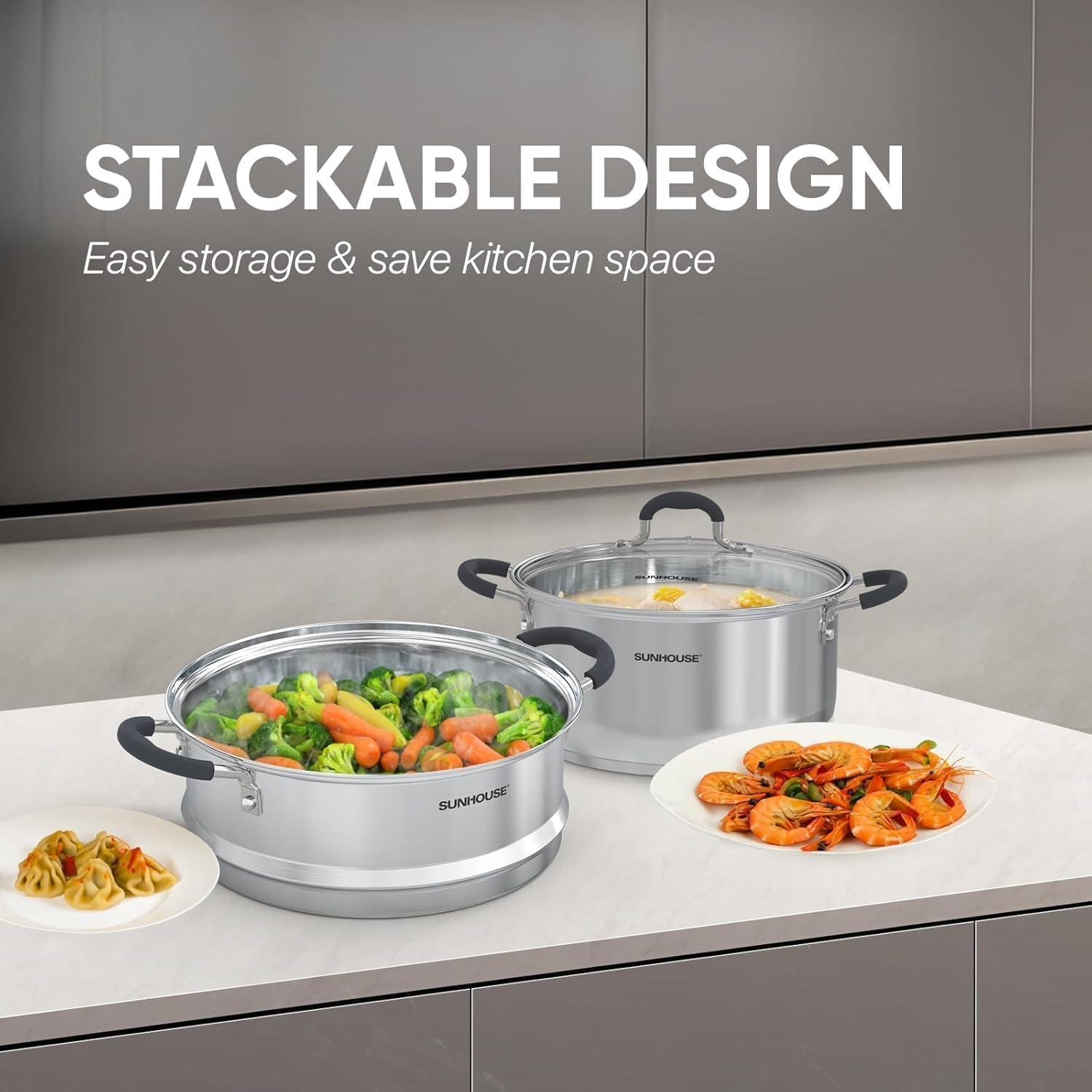 Sunhouse - 3.1 Quarts Steamer Pots With Lid 2-Tier Multipurpose Stainless Steel Steaming Pot Cookware For Vegetable, Dumpling, Sauce, Food - Triple Bottom, Measurement Line