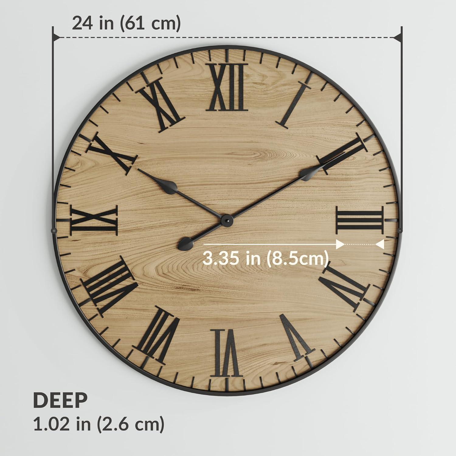 Large 24-Inch Natural Wood Wall Clock with Black Roman Numerals