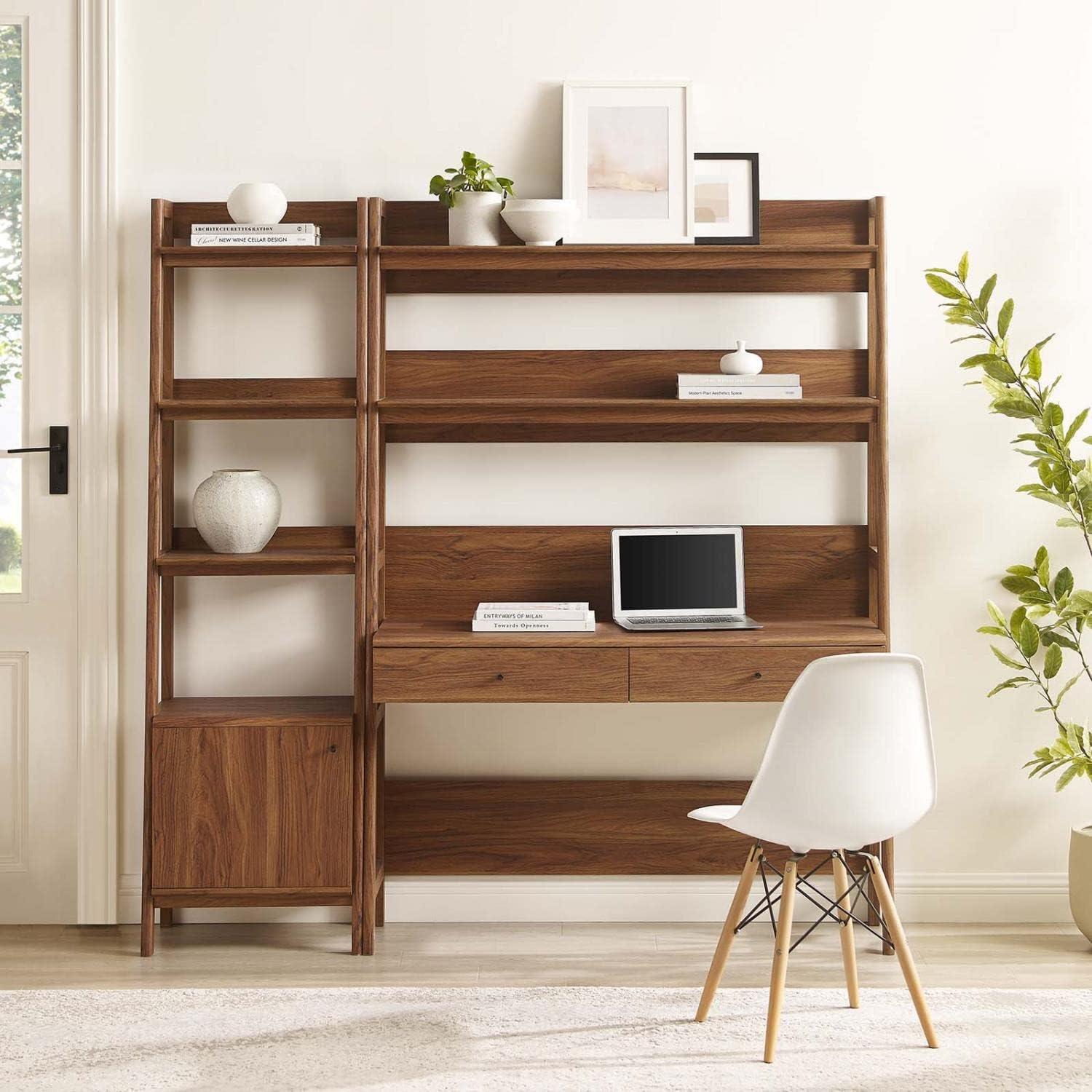 Modway Bixby 2-Piece Wood Office Desk and Bookshelf in Walnut