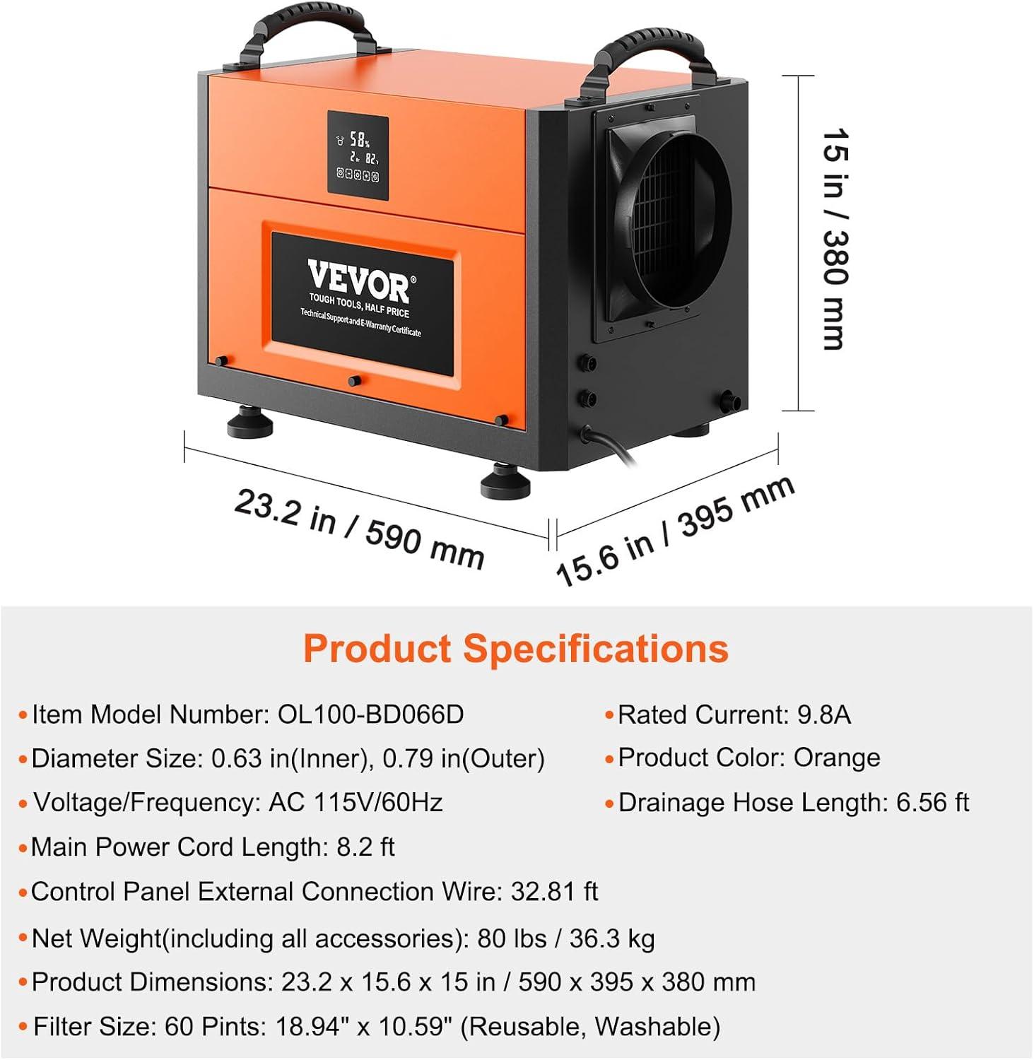 VEVOR 190 Pints Orange and Black Commercial Dehumidifier with Pump