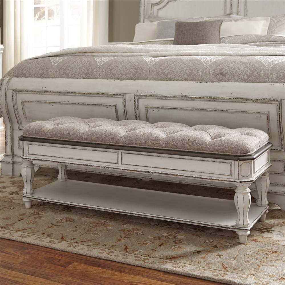 Antique White Upholstered Bedroom Bench with Storage Shelf